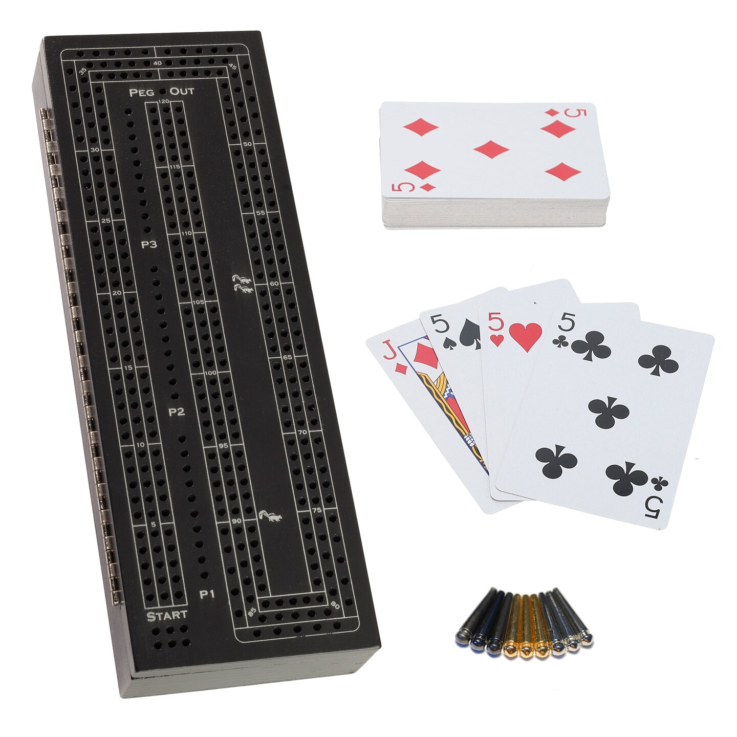 WE Games 3 Player Wooden Cribbage Set - Easy Grip Pegs and 2 Decks of Cards Inside of Board