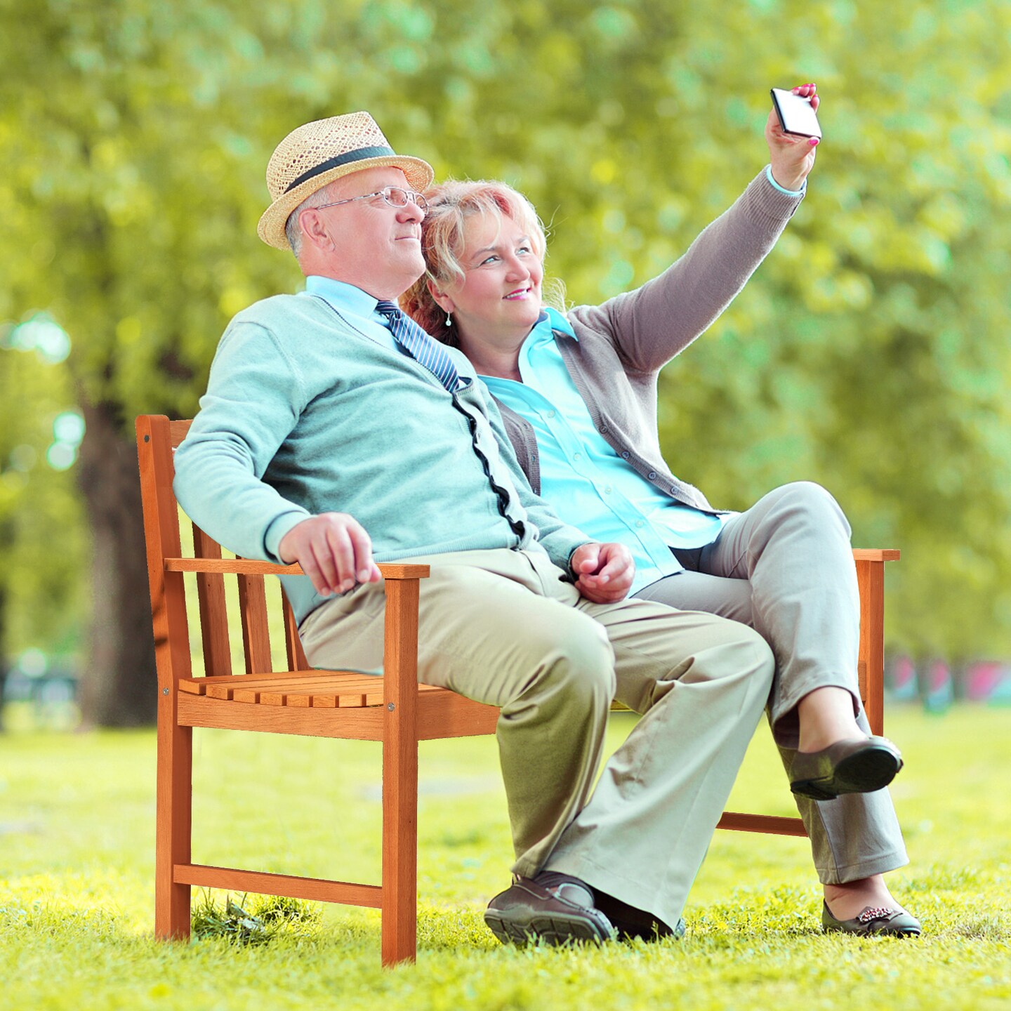 2-seat Patio Wood Bench with Cozy Armrests and Slatted Backrest