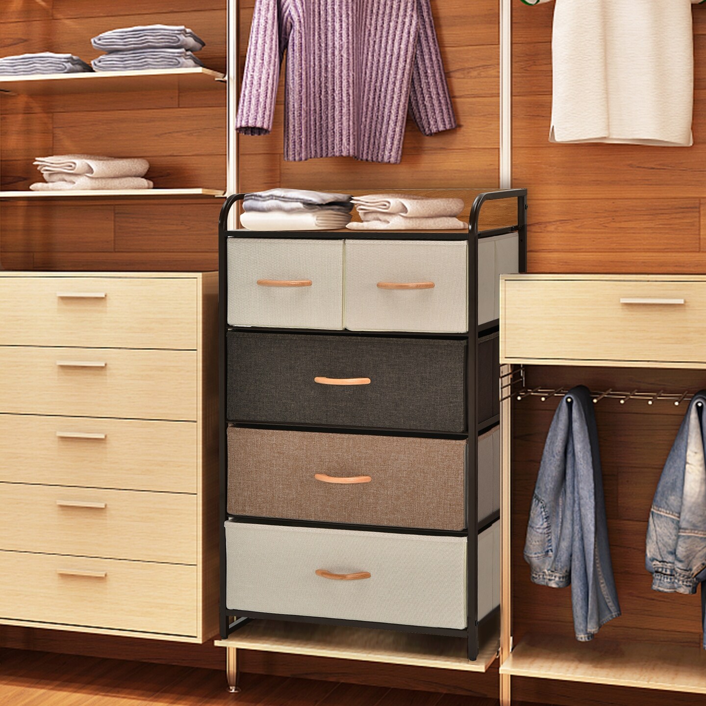 4-tier Organizer Tower Steel Frame Wooden Top Storage With 5-drawer Dresser