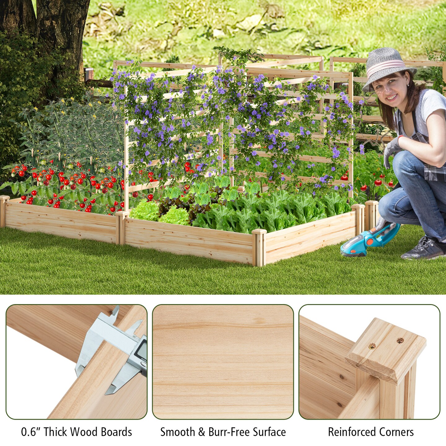 Raised Garden Bed With 2 Planter Boxes And 3 Trellis-Natural