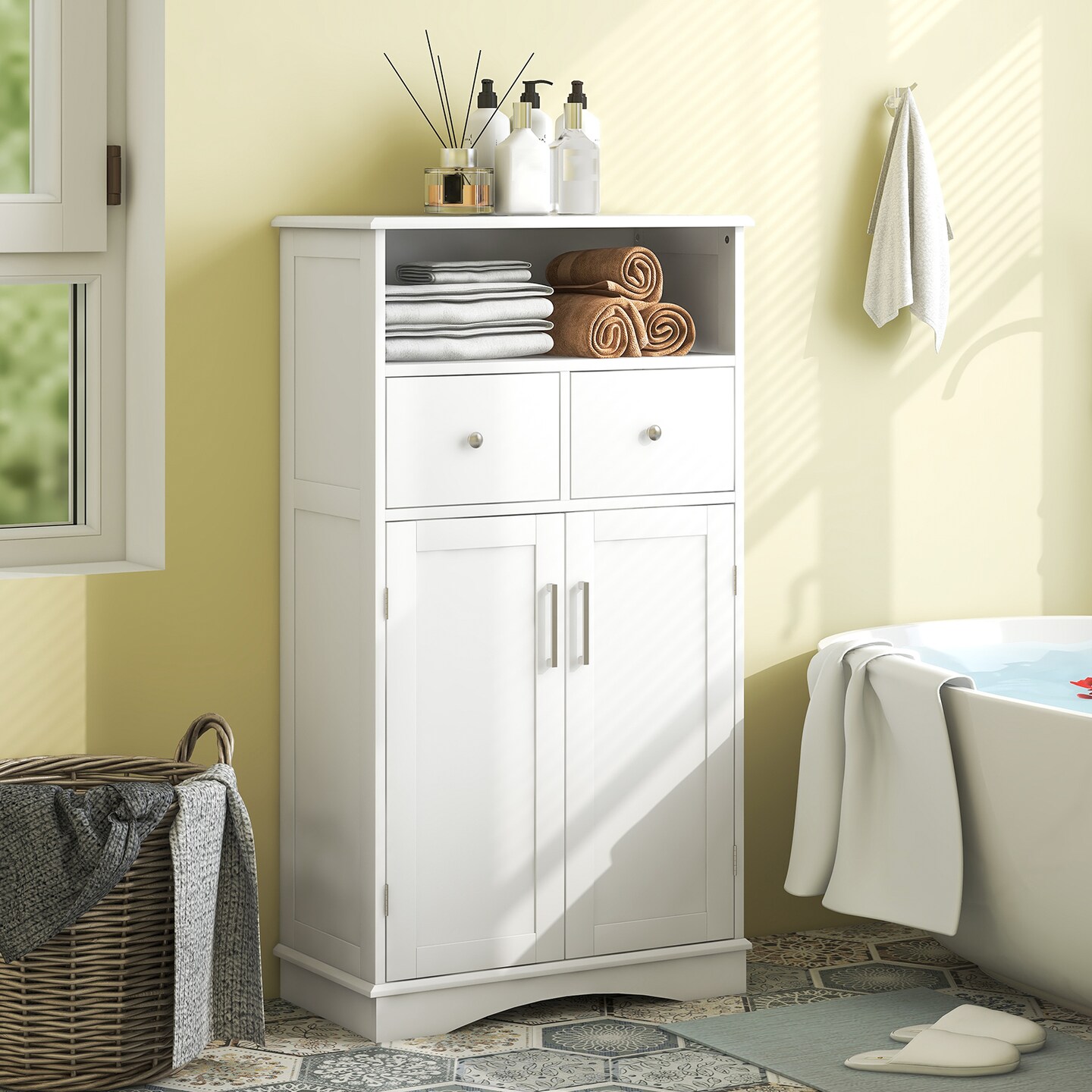 2 Doors Freeestanding Bathroom Floor Cabinet With 2 Drawers And Adjustable Shelves