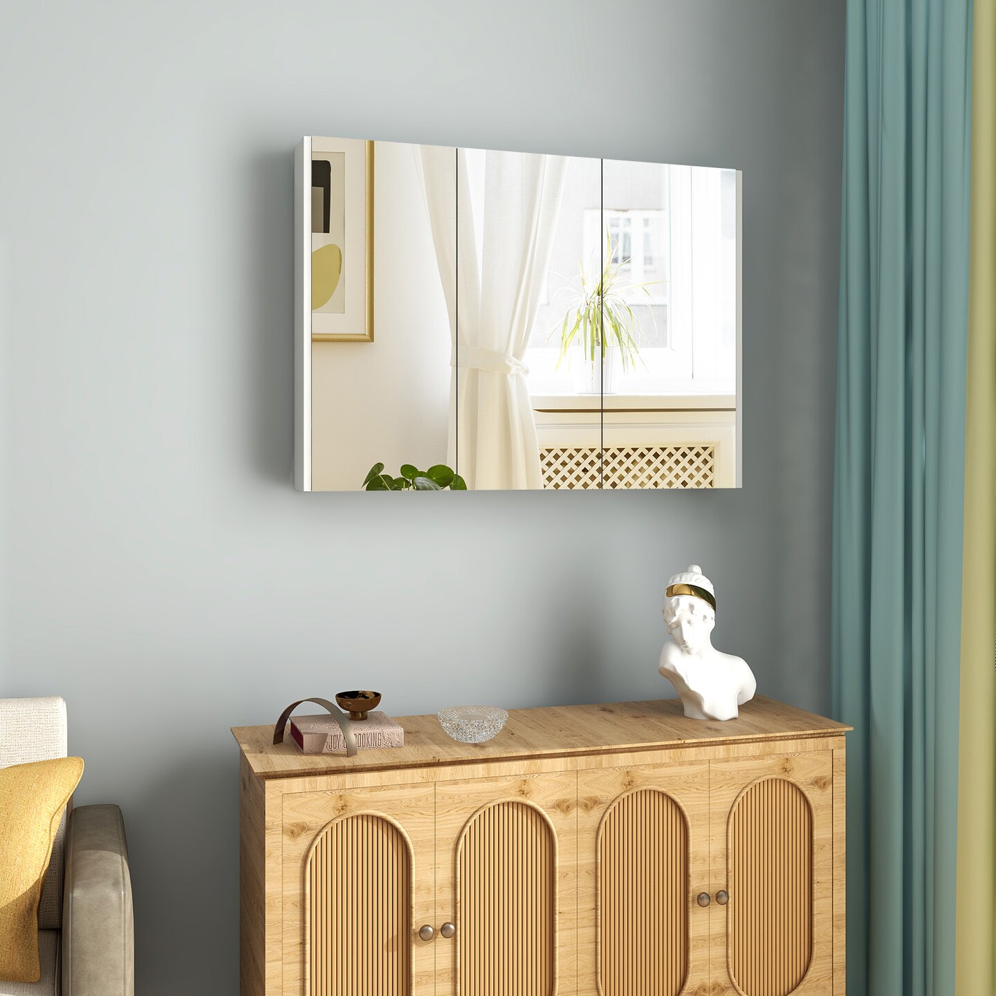 3-Door Wall-Mounted Mirror Cabinet with 3-Adjustable Shelves