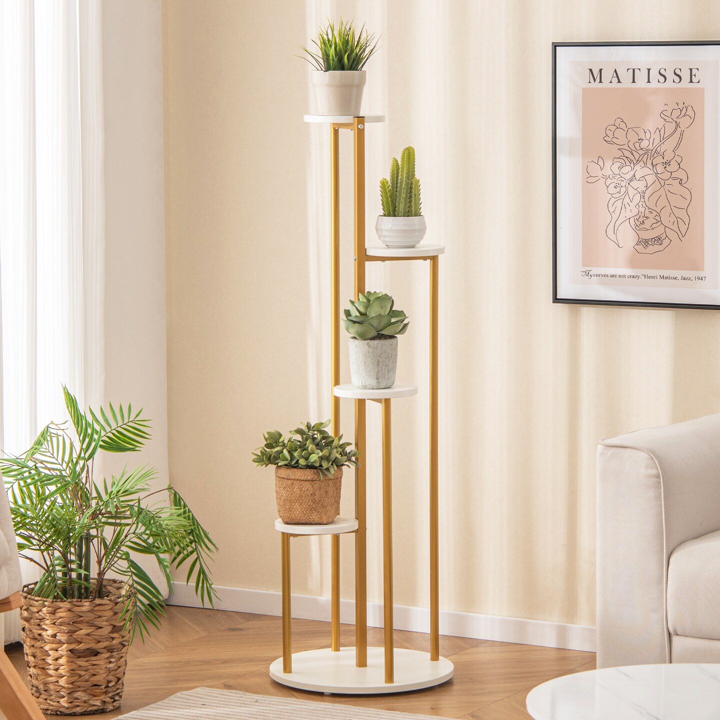 Indoor Metal Plant Stand Corner Plant Shelf For Potted Plant With Golden Metal Frame-White &#x26; Golden