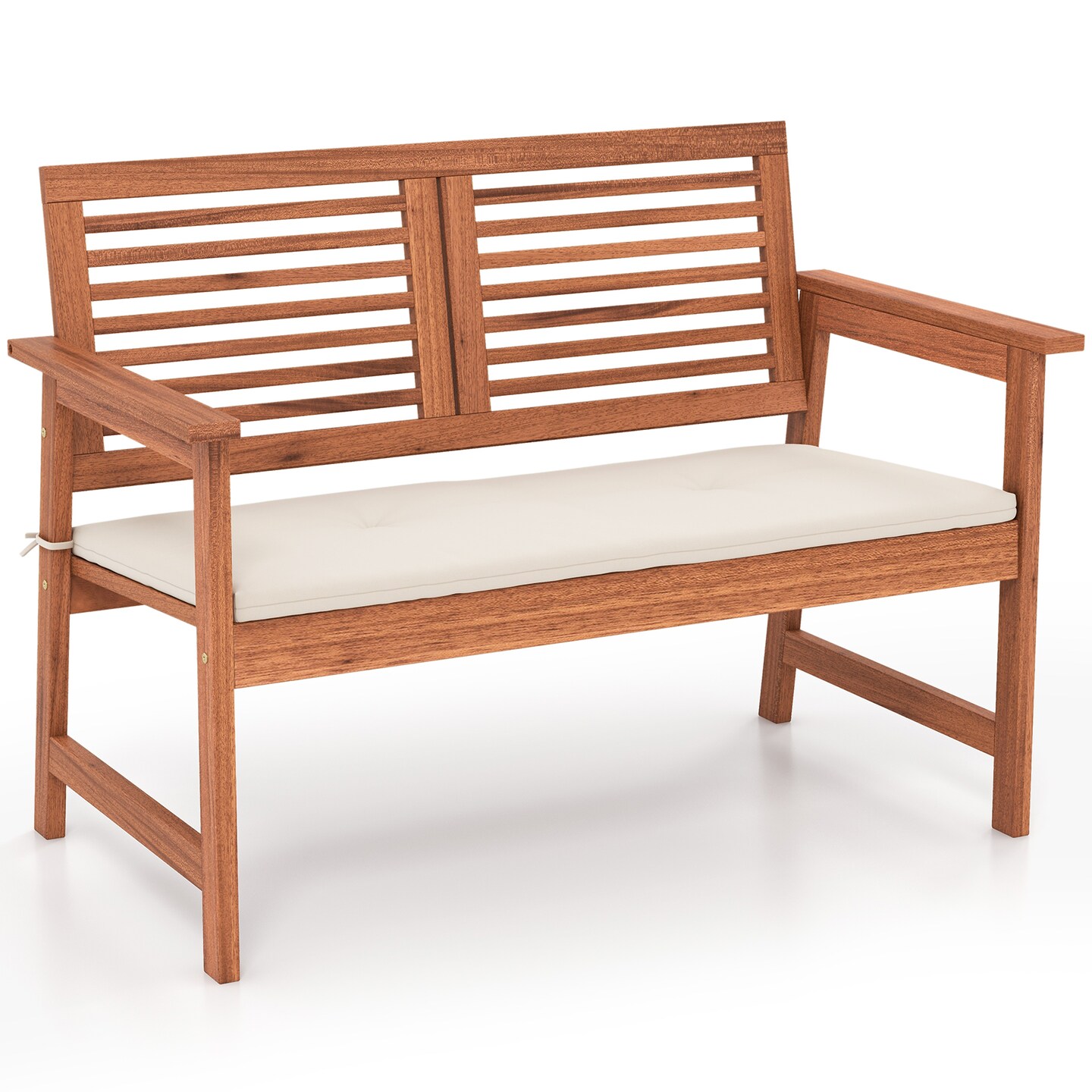 Solid Wood Patio Loveseat with Off White Cushions Outdoor 2-Seat Bench for Porch or Garden