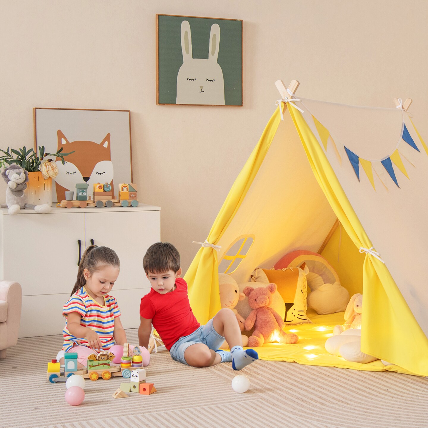 Kids Play Tent With Solid Wood Frame Holiday Birthday Gift &#x26; Toy For Boys &#x26; Girls