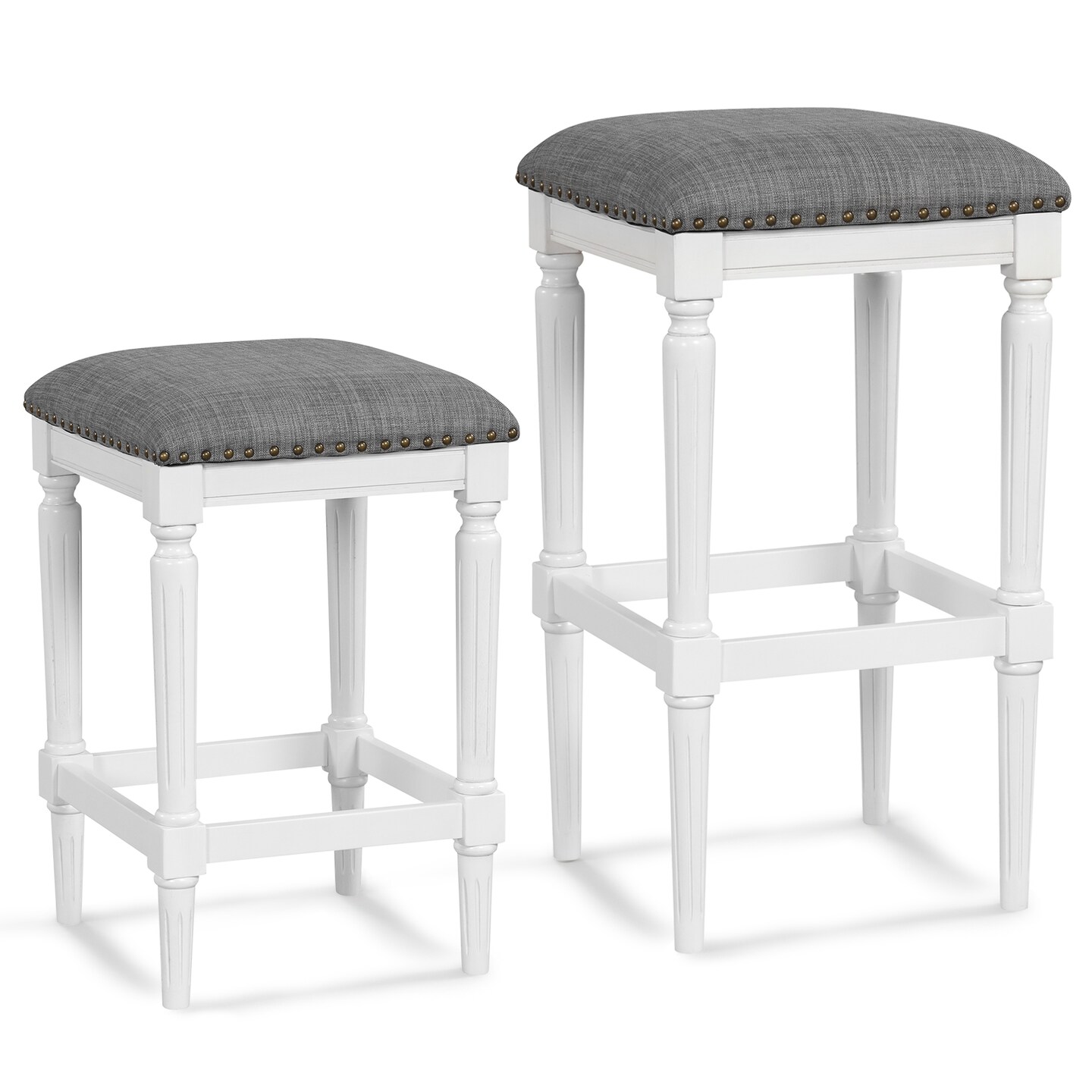 Adjustable Height Saddle Bar Stools Set of 2 Linen Upholstered with Footrest Gray White