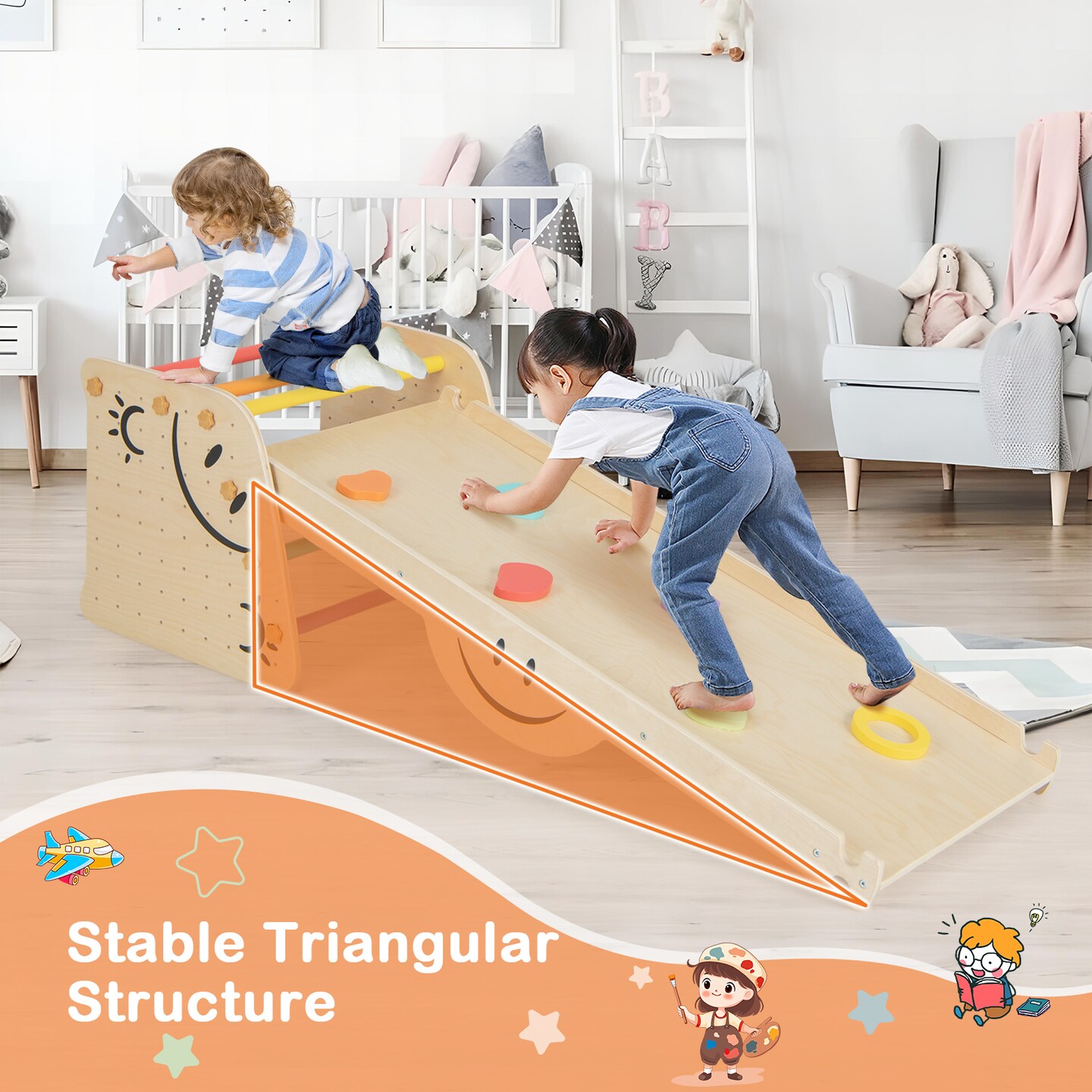 Wooden Climbing Toy Triangle Climber Set With Seesaw-multicolor