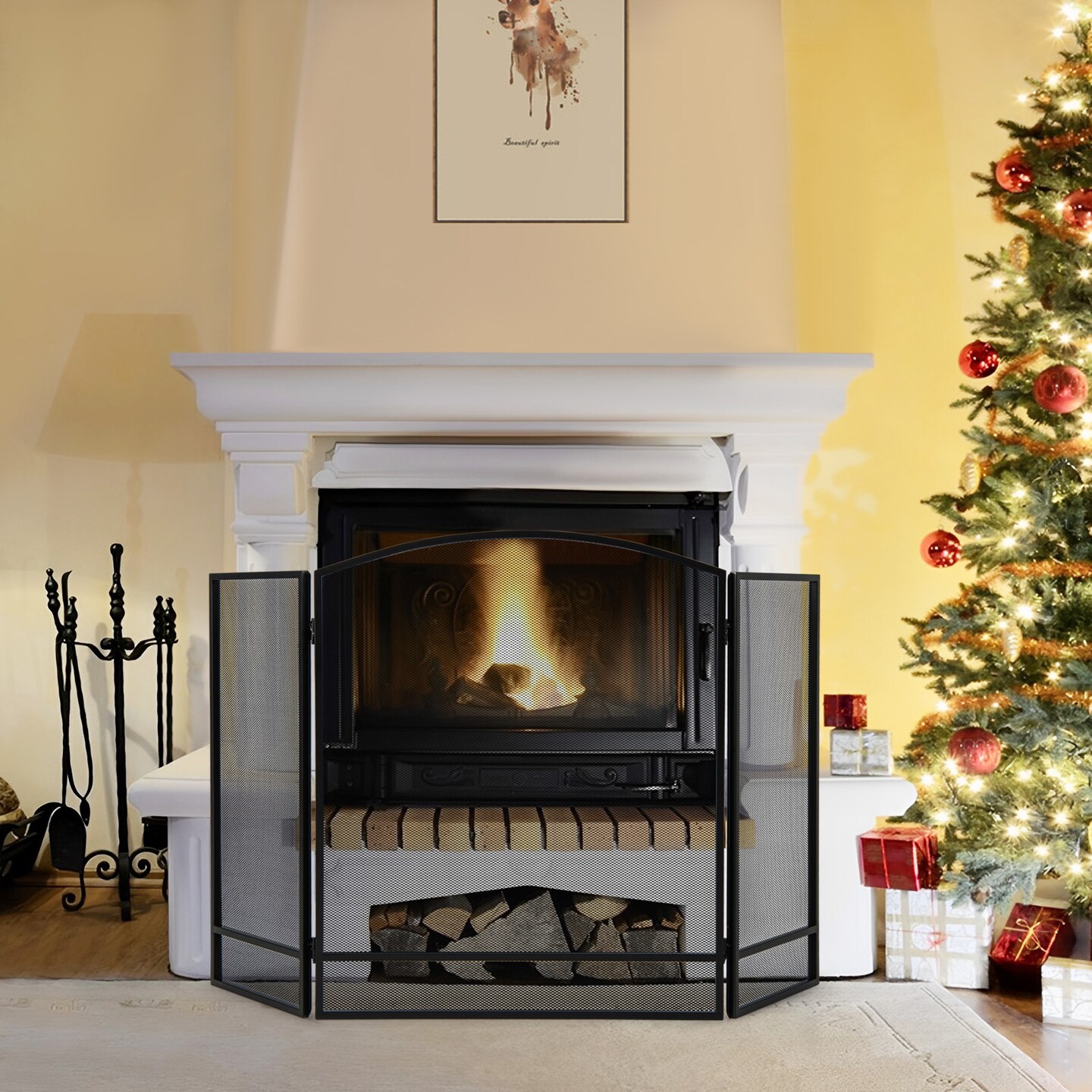 3-Panel Fold-able Fireplace Screen With Wrought Metal Mesh