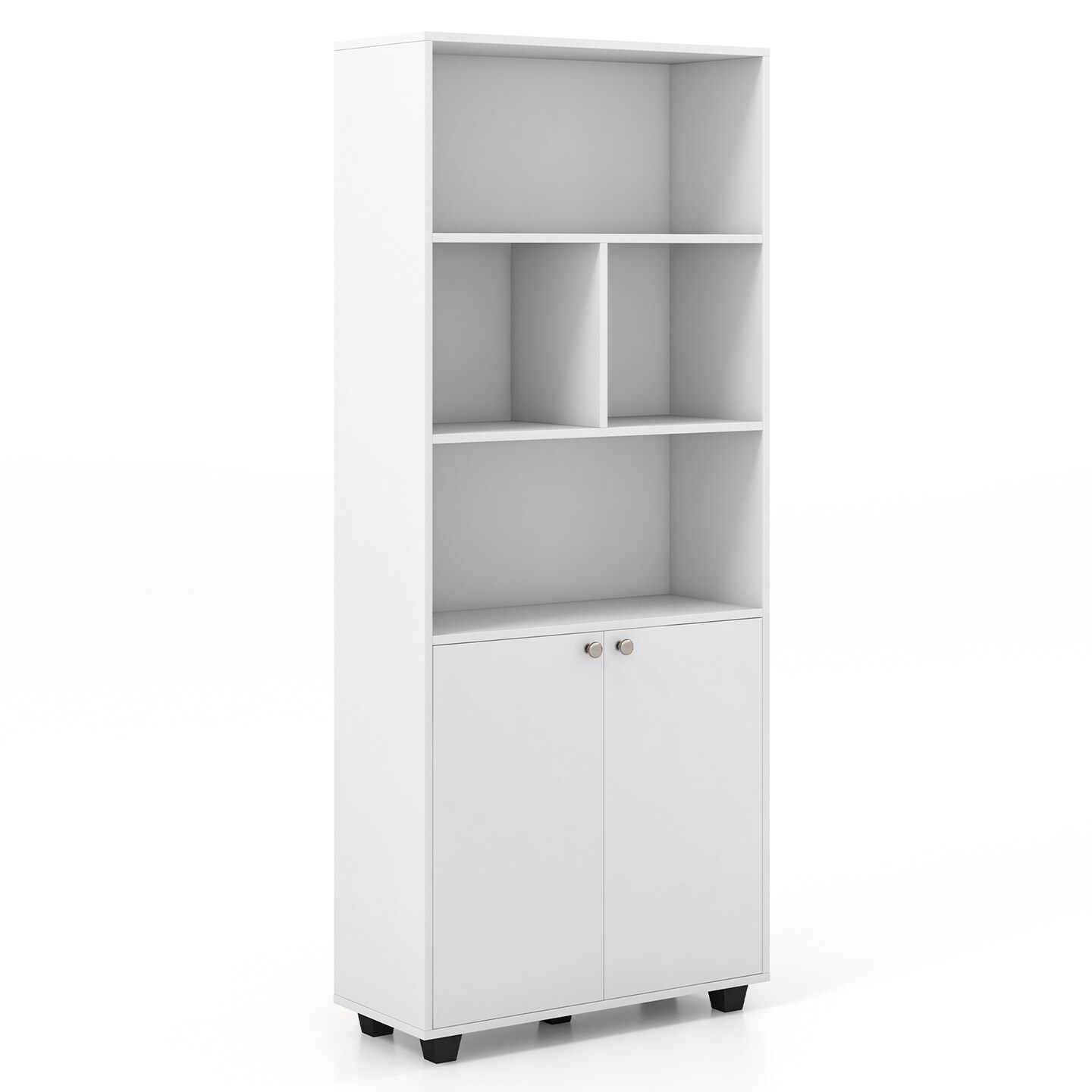 66 Inch Tall Double-door Bookcase With Adjustable Shelf And Storage Cubes-white