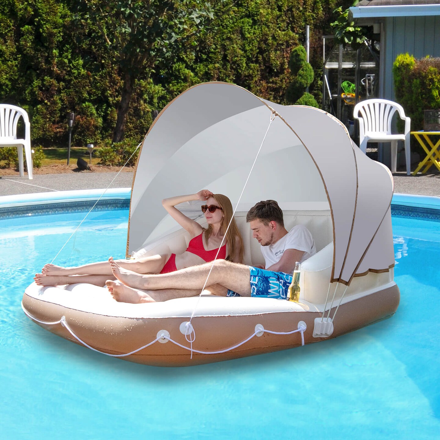 Inflatable Pool Float Lounge Swimming Raft With Large Canopy