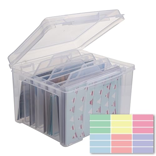 Greeting Card Storage & Organizer Box with 6 Coloful Removable Dividers for Holiday Birthday Get Well Cards Photos, Crafts, Scrapbooking(Clear)