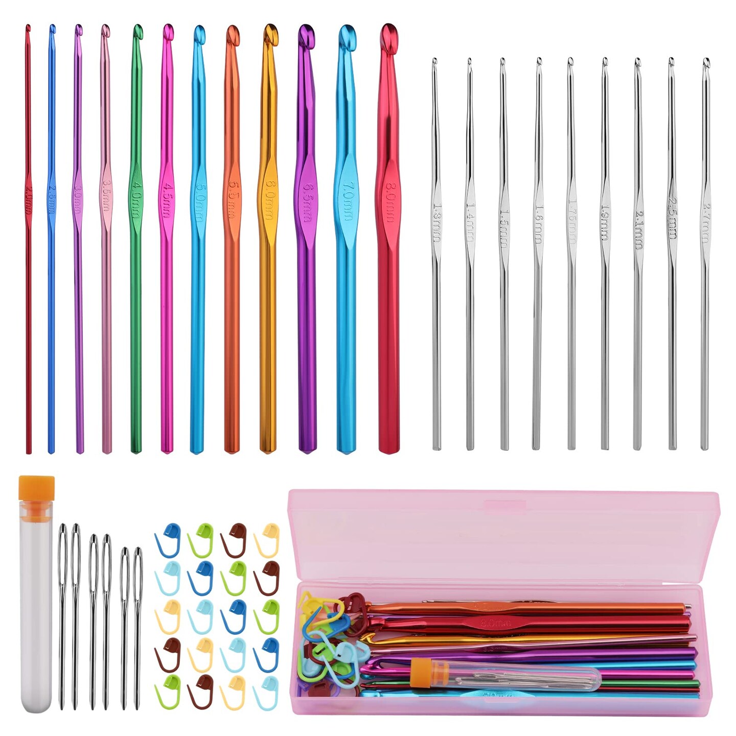 48 Pieces Crochet Hooks Set, 21 Sizes Crochet Needles with Case, Ergonomic Knitting Needles, Crochet Hooks Kit with Crochet Accessories Stitch Markers Blunt Needles for Crocheting Yarn