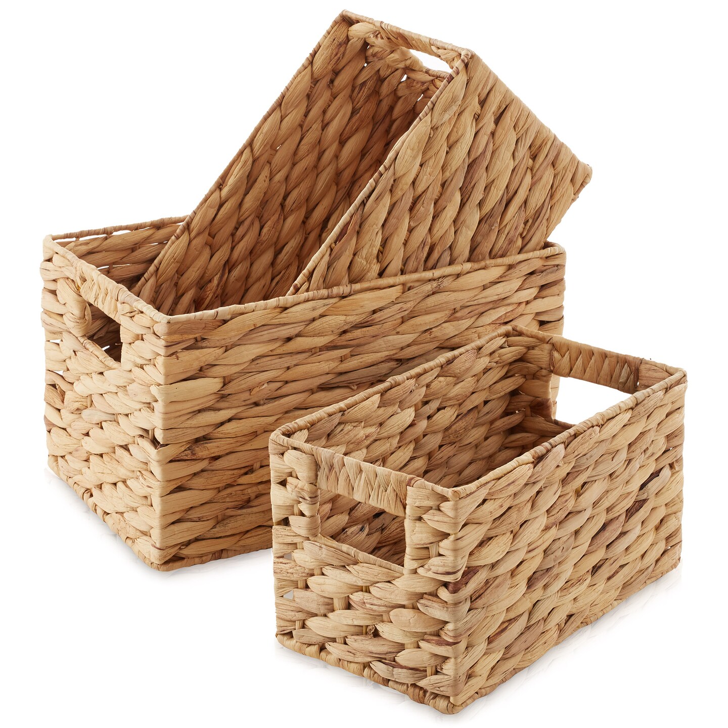 Casafield Set of 3 Water Hyacinth Storage Baskets with Handles - Small, Medium, and Large Woven Nesting Storage Bin Organizers for Shelves in Bathroom, Laundry Room, Pantry