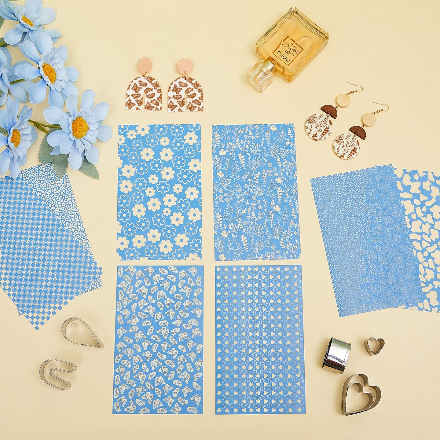 9 Pieces Silk Screen Stencil for Polymer Clay Texture Sheet Cutter Tool Reusable Silkscreen Print Kit with Scraper Self Adhesive Silk Screen Printing for Jewelry Earring Making DIY Craft Supply (Flower)