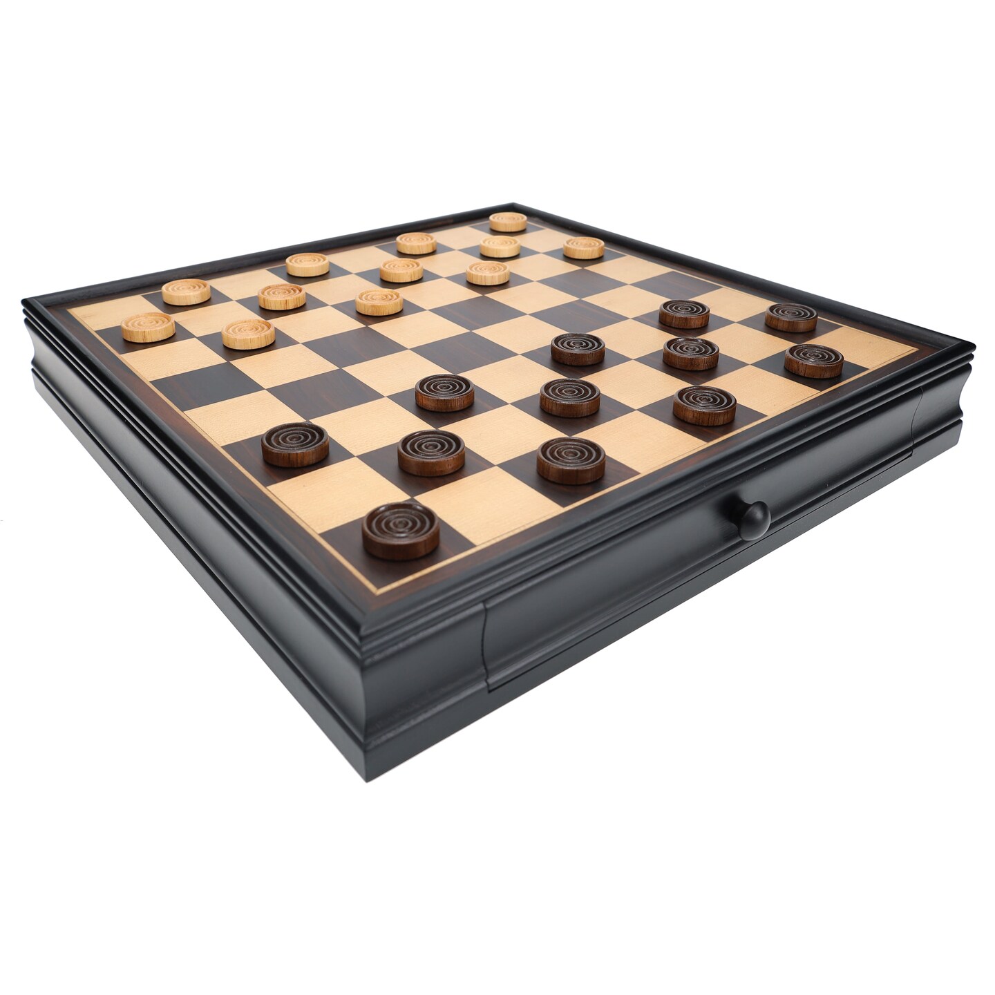 WE Games French Staunton Chess &#x26; Checkers Set - Weighted Pieces, Black Stained Wooden Board with Storage Drawers - 15 in.