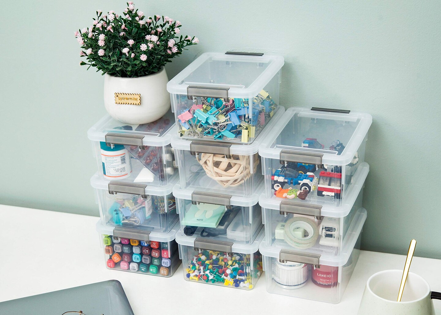 1.3 QT 6 Pieces Small Storage Bins Plastic Storage Container Stackable Box with Lids for Organizing, Clear White