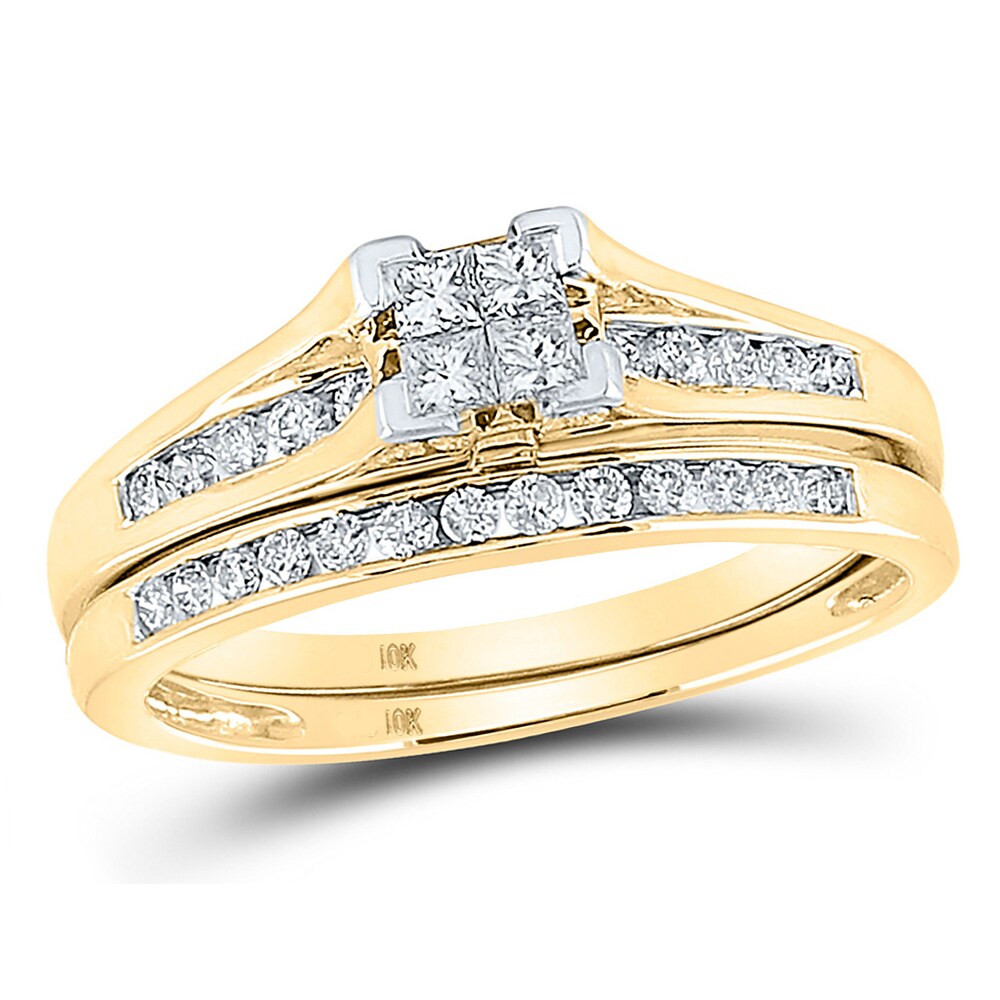 Gem And Harmony 1/2 Carat (G-H I2) Princess Cut Diamond Engagement Ring Wedding Set in 10K Yellow Gold