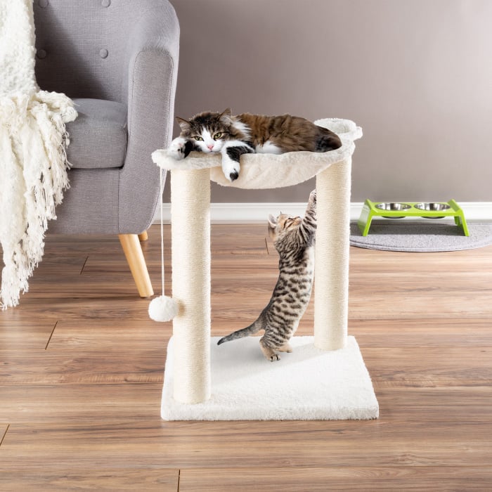 Cat Tree And Scratcher- Two Sisal Scratching Posts Hammock Style Lounging Bed And Interactive Hanging Toy For Cats And