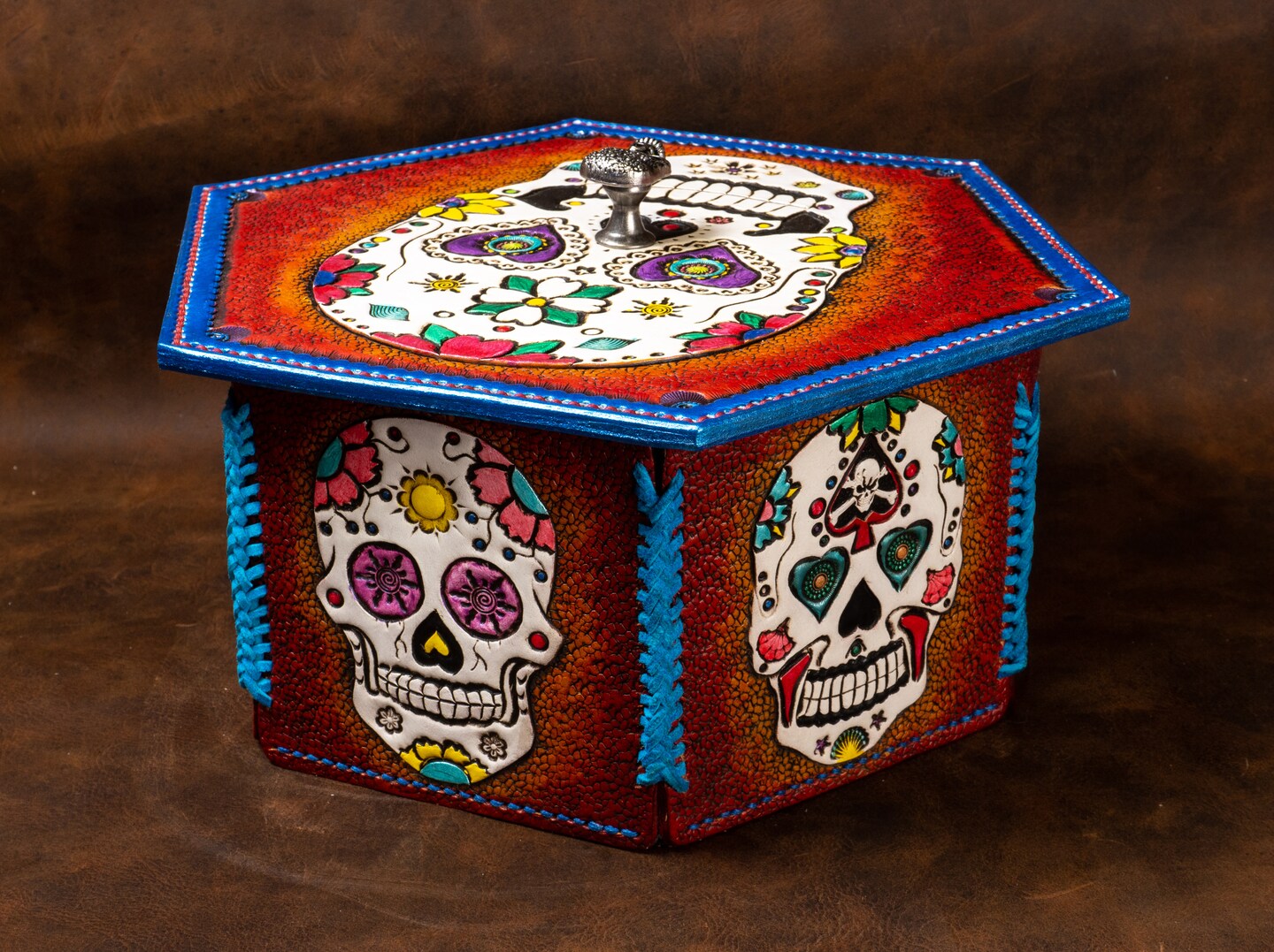 Leather Stash Jewelry Trinket Box Day of the Dead Sugar Skull Hand