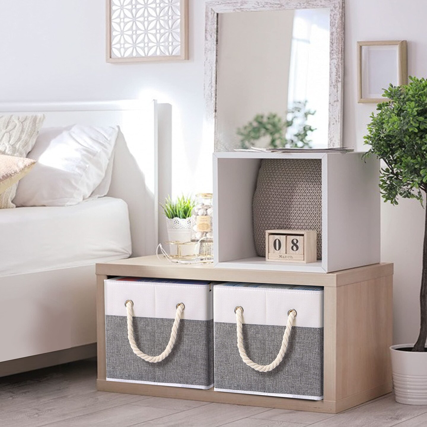 Foldable Storage Basket 1-Pack, Large Fabric Storage Bins with Rope Handle, Used for Organizing Shelves, Closets, Clothes Storage Box, 12.99''Lx9.05''Wx7.87''H, White/Grey