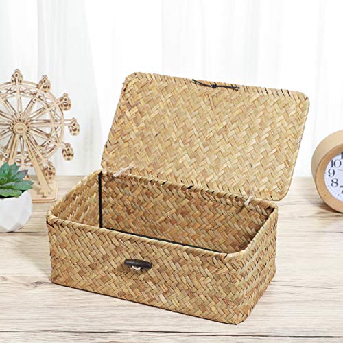 1 Basket with Lids: Seagrass Storage Woven Basket Straw Desktop Rattan 9 inch Hand- Woven Storage Basket Bins Container Organizer for Shelf Desktop Home Decor
