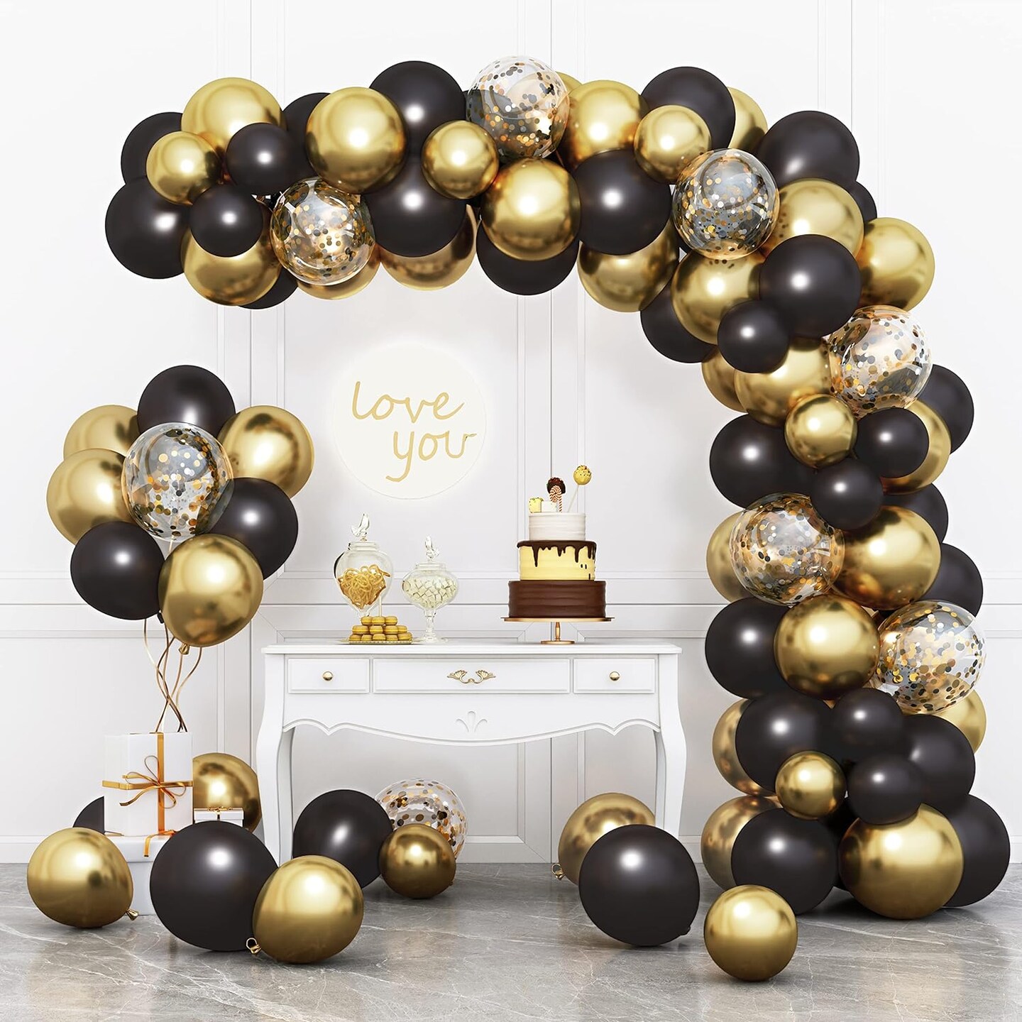 Black and Gold Balloons Garland Arch Kit with Black Gold Confetti Balloons for Graduation Birthday Wedding Party Decorations