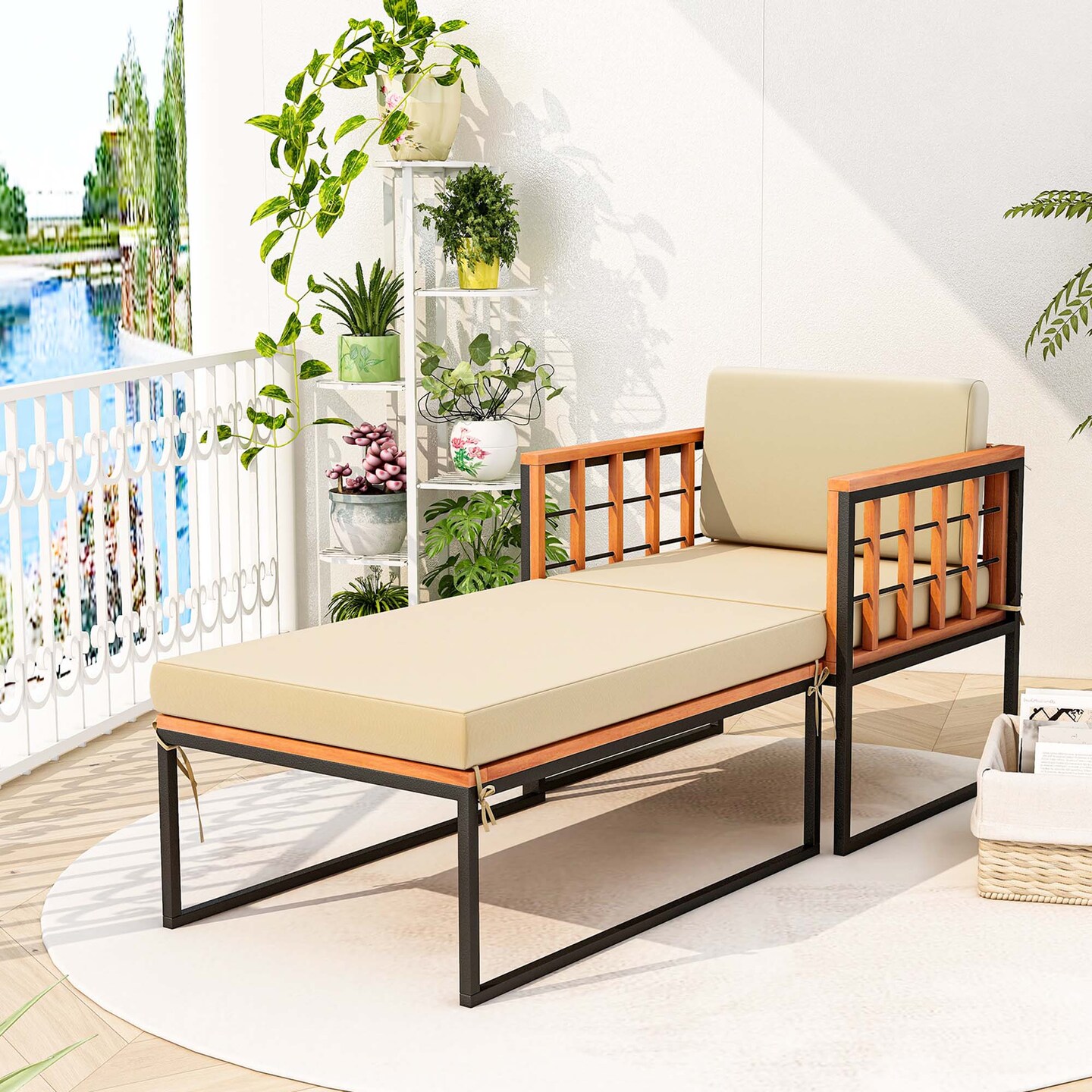 Costway 1/2 PCS Outdoor Furniture Set Patio Acacia Wood Armchair with Long Ottoman Cozy Seat