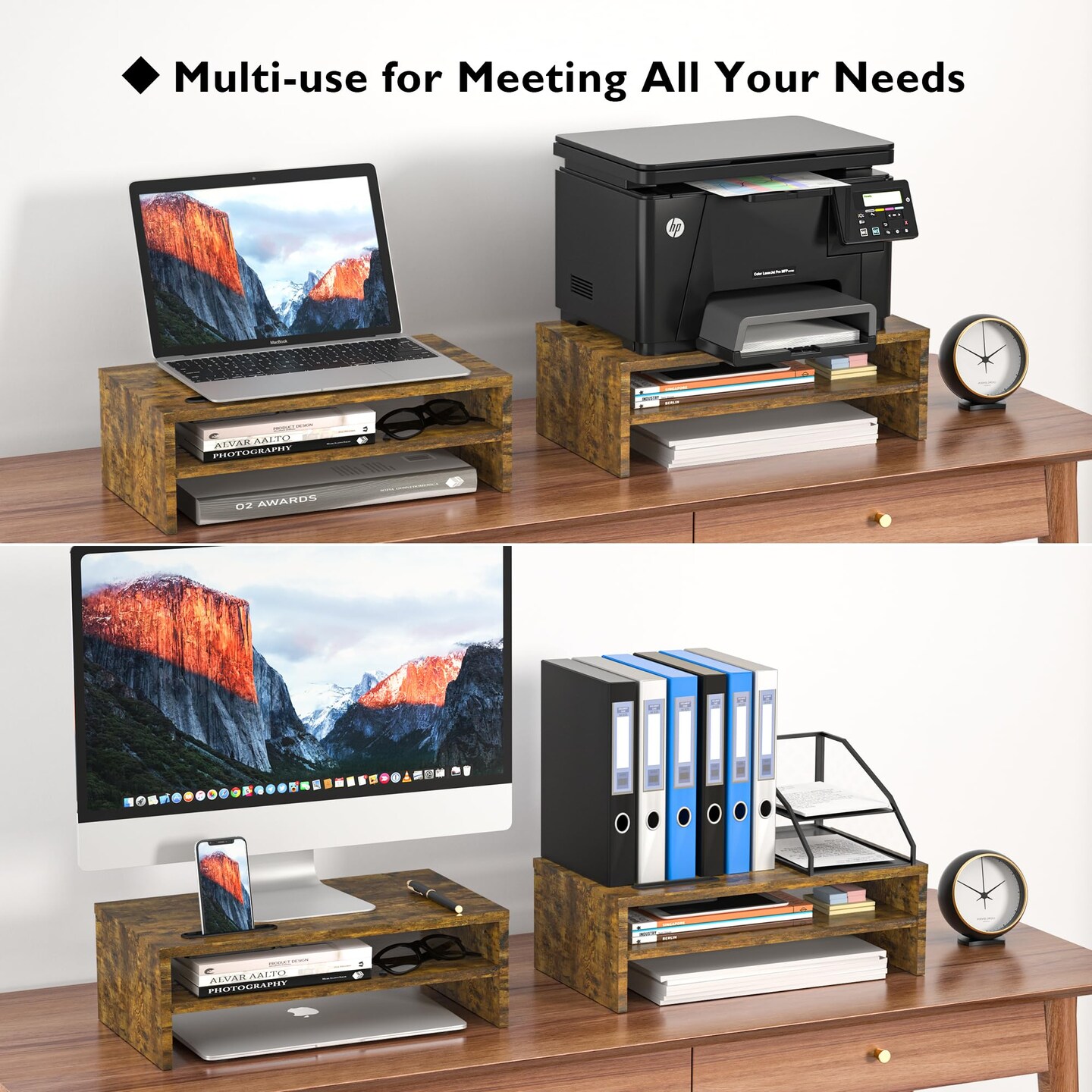 Monitor Stand Riser, 2 Tiers Wood Monitor Riser Stand with Storage Organizer, Desktop Ergonomic Monitor Stand Riser with Cellphone Holder and Cable Management, 16.5 Inch Shelf, Vintage Brown