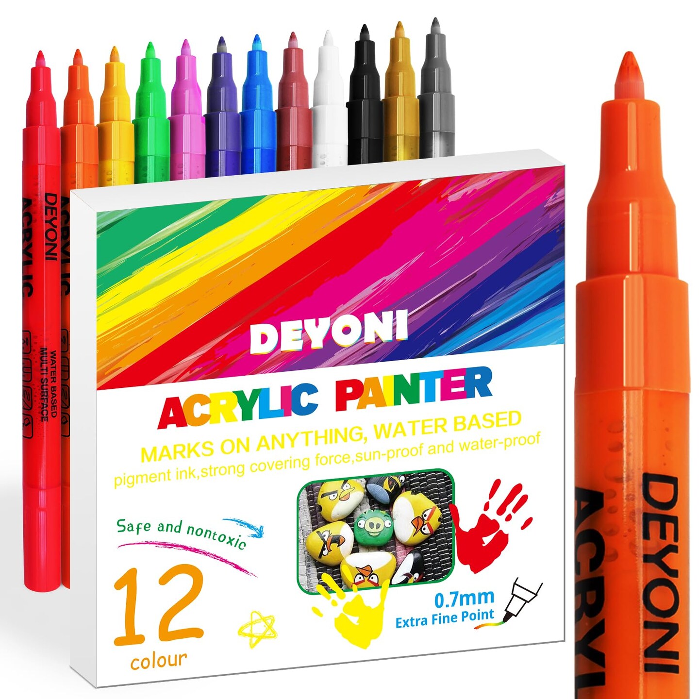12 Colors Acrylic Paint Pens for Kid 0.7mm, Extra Fine Paint Pens Acrylic Markers Canvas, Rock Painting, Wood, Fabric, Ceramic, Stone, Metal, Art Supplies