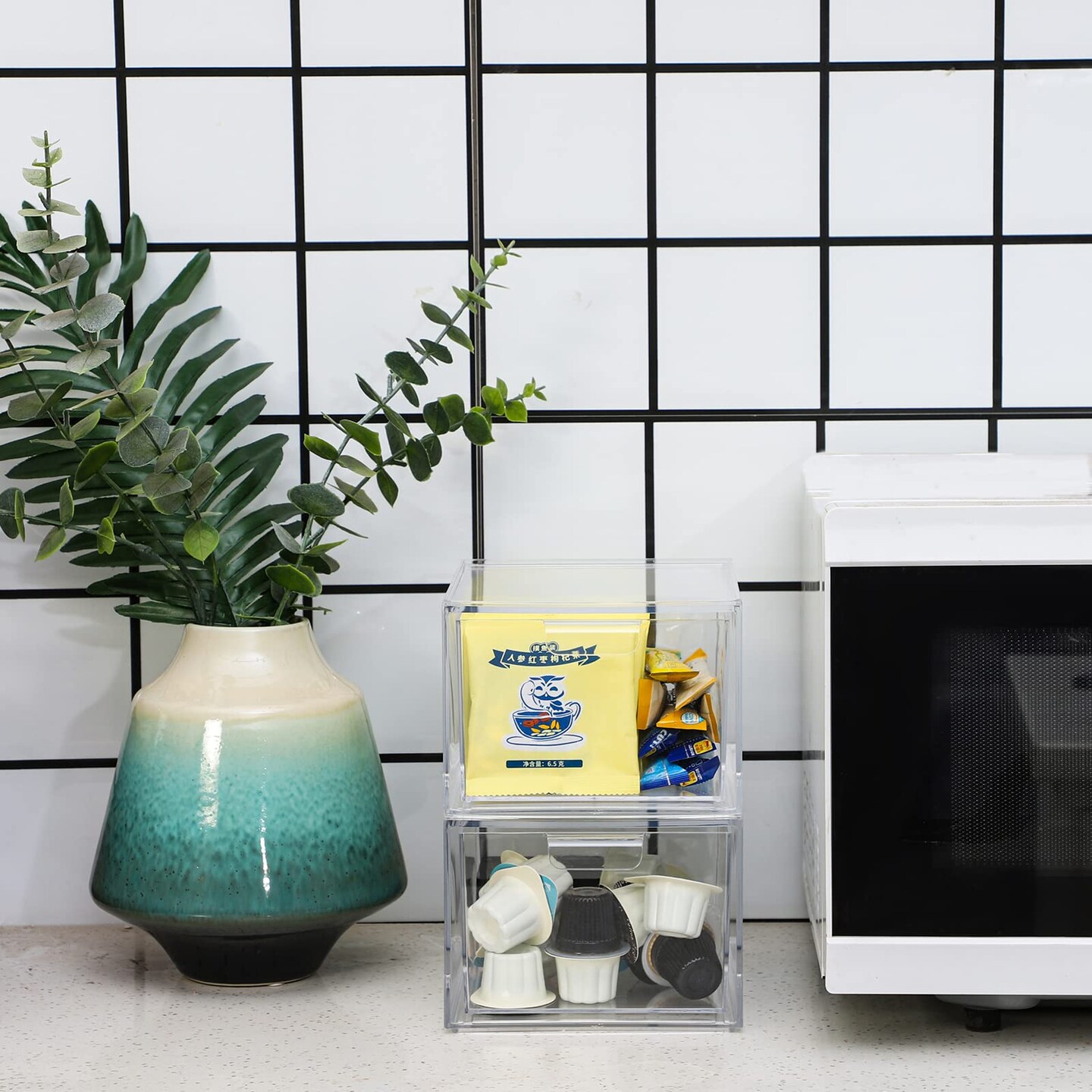 2 Pieces Stackable Makeup Organizer Storage Drawers 4.5'' Tall Acrylic Cosmetic Display Case Clear Bathroom Plastic Storage Bins For Vanity,Under Cabinets,Pantry Organization and Storage