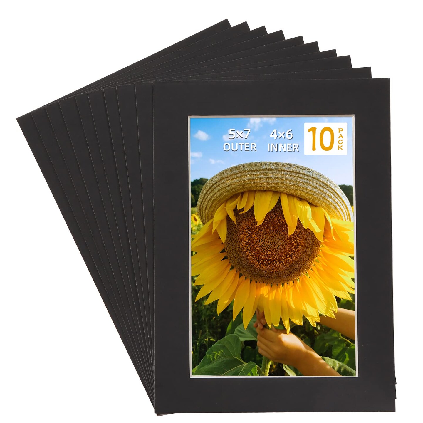 HOTUO 10 Pack Acid Free Black Picture Frame Mats, Pre-Cut 5x7 Picture Mats with Ivory Core Bevel Cut for 4x6 Photo, Signature Friendly 4 Ply Thickness Photo Mat for Frames/Artwork/Prints/Pictures