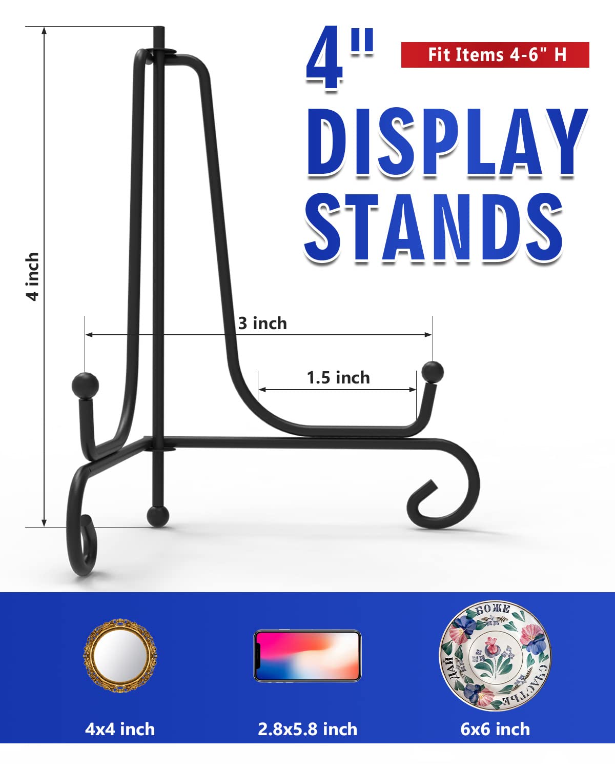 Lzerking Iron Display Stand 5 Packs, 4 Inches Plate Stand Picture Stand Photo Stand for Display, Black Foldable Easel Stand Holder for Photo Frame, Artwork, Collection, Decorative Plate, Book, Office