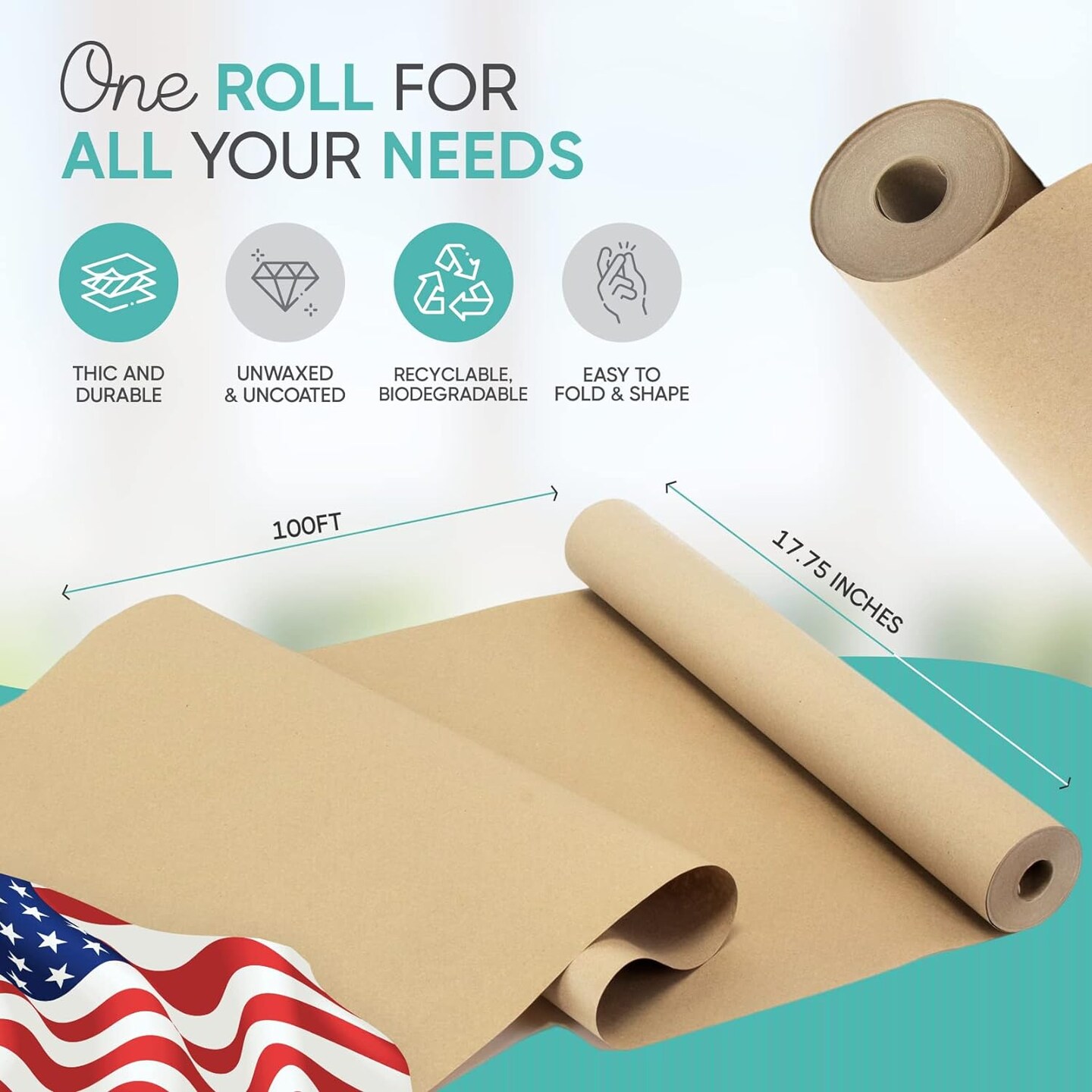 Brown Kraft Paper Roll 17.75&#x201D; x 1200&#x201D; (100ft) Made in USA- Ideal for Gift Wrapping, Packing Paper for Moving, Art Craft, Shipping, Floor Covering, Table Runner, 100% Recycled Material