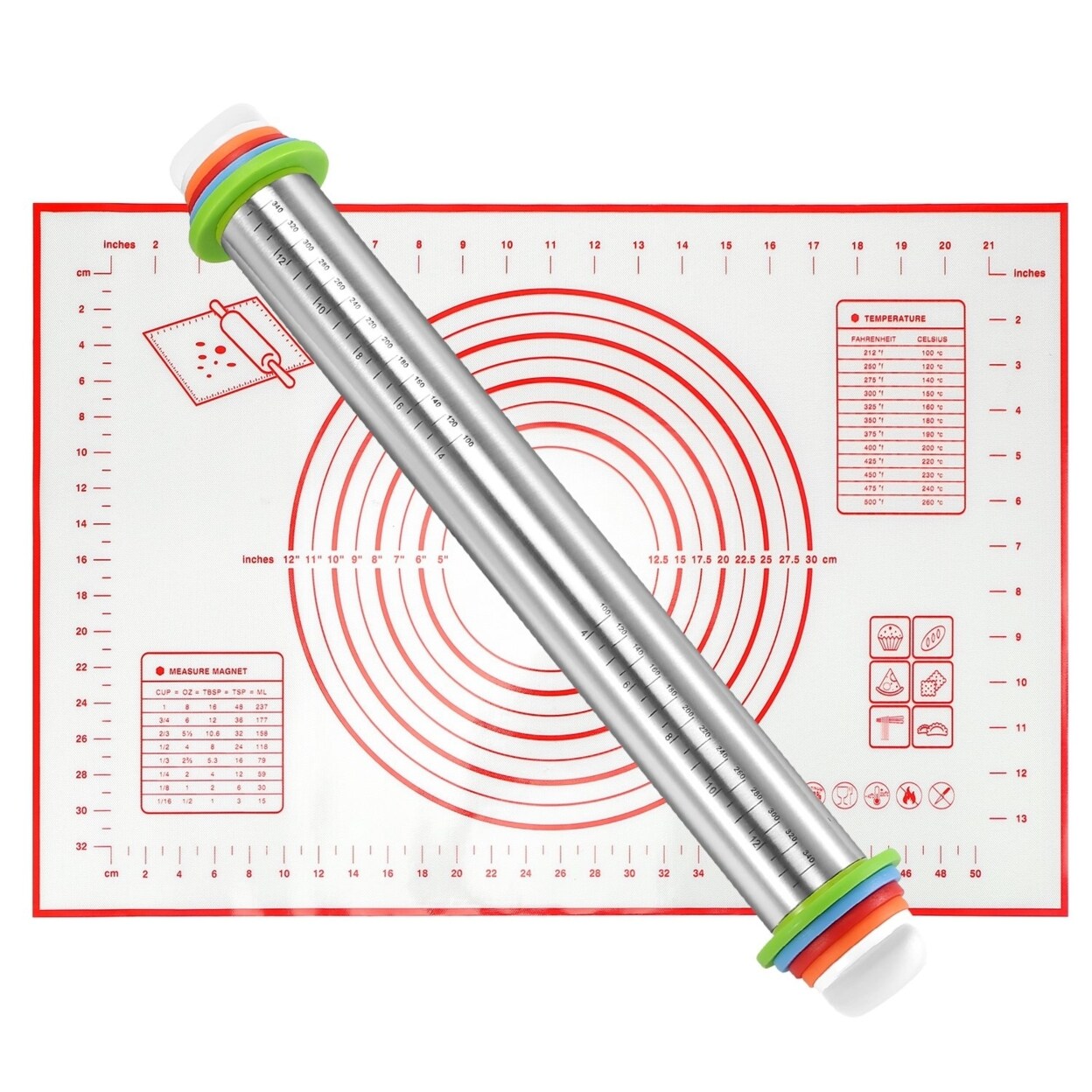 Stainless Steel Rolling Pin With Adjustable Rings And Silicone Rolling Mat