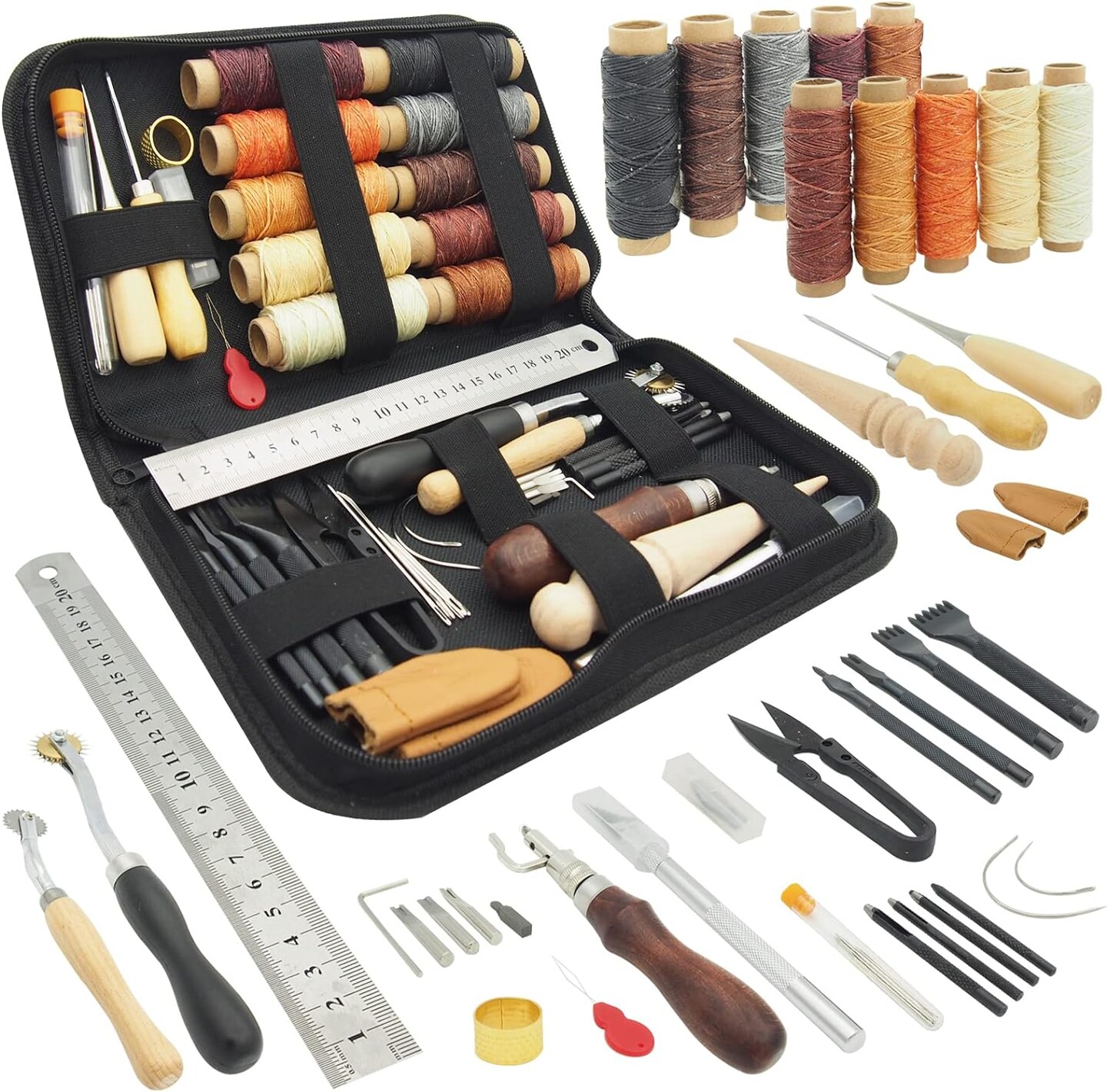 Leather Working Tools for Beginners: Professional Leather Craft Kit with Waxed Thread Groover Awl Stitching Punch for Leathercraft Adults Gifts