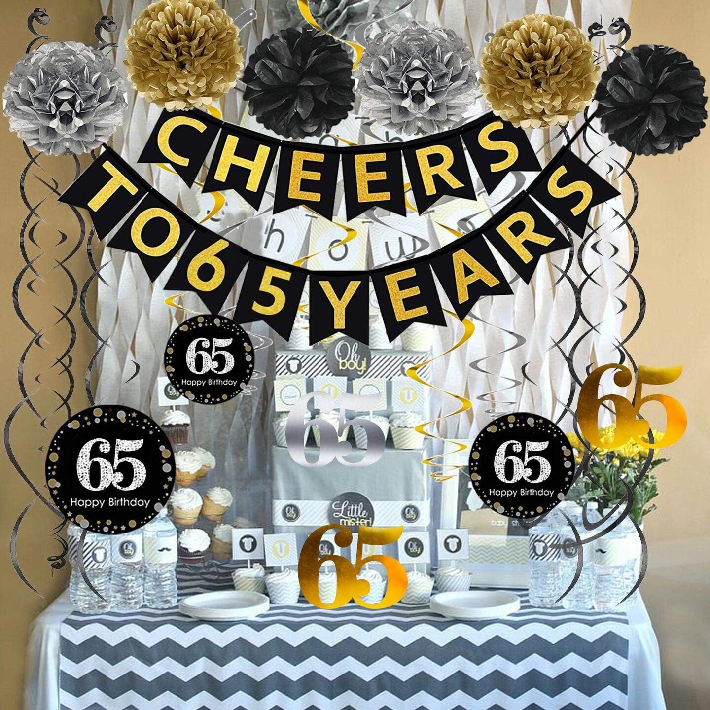 65th Birthday Party Decorations Set- Gold Glittery Cheers to 65 Years Banner,Poms,12Pcs Sparkling 65 Hanging Swirls for 65th Birthday Decorations 65 Years Old Party Supplies