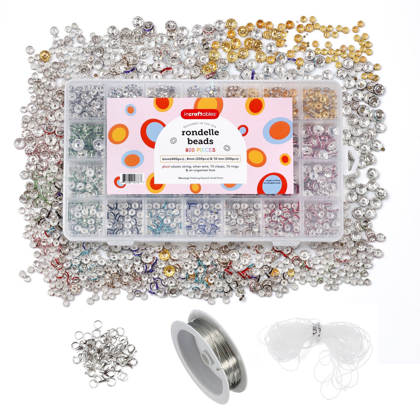 Incraftables Rondelle Beads for Jewelry Making 800pcs. Rhinestone Spacer Beads for Kids &#x26; Adults. Crystal Rondelle Spacer Beads for Bracelet Making (6mm, 8mm &#x26; 10 mm). Bead Spacers for Jewelry Making