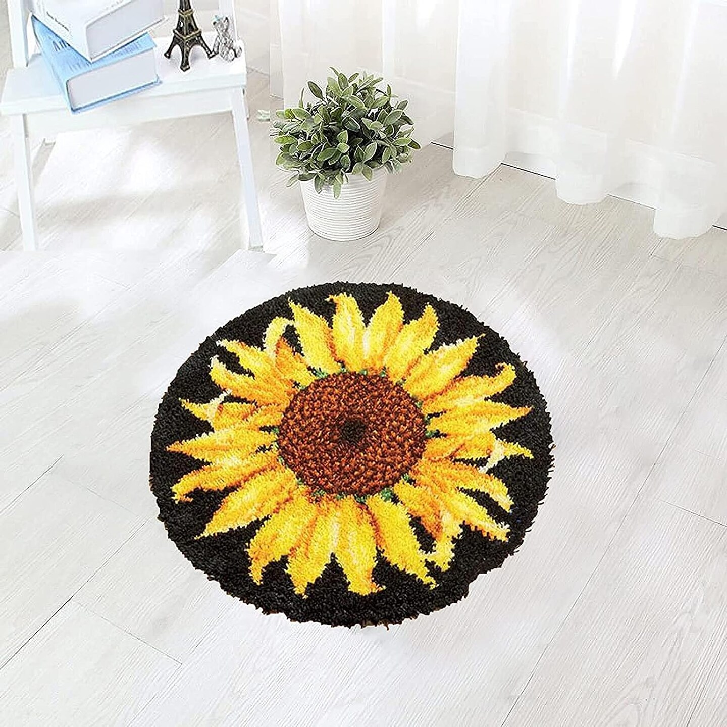 Latch Hook Rug Kit, Sunflower Pattern Printed Canvas DIY Rug Crochet Yarn Kits, Embroidery Decoration 20.4" X 20.4" (52 * 52cm)