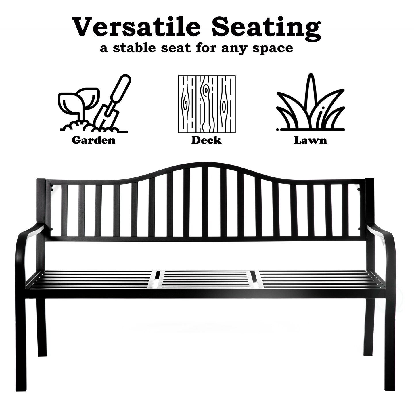 Outdoor Powder Coated Steel Park Bench, Garden Bench with Pop Up Middle Table, Lawn Decor Seating Bench for Yard, Patio, Garden, Balcony, and Deck