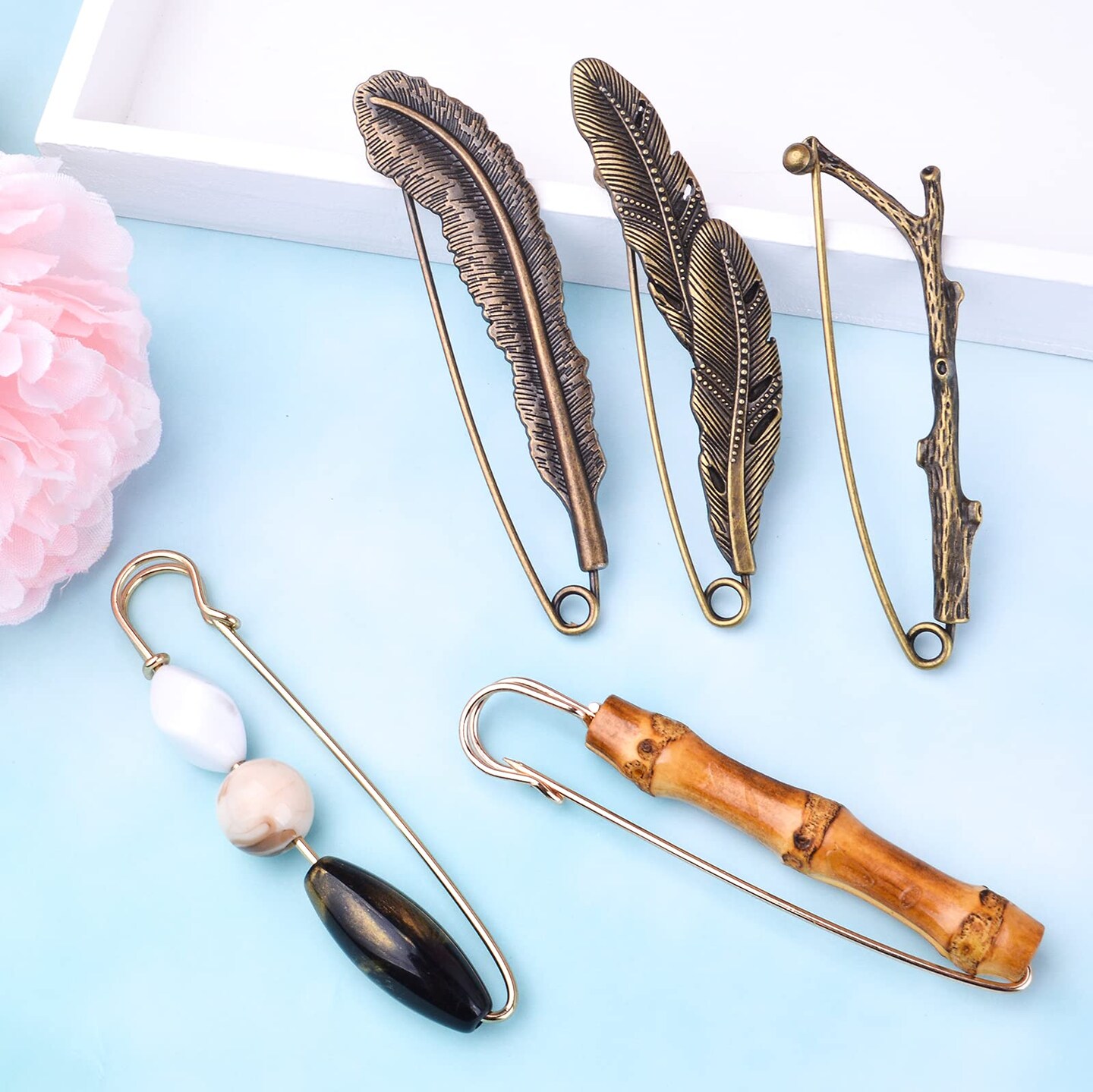 5 Pieces Vintage Chic Brooch Extra Large Safety Pins Heavy Duty Safety Pins Accessories for Women Men Girls Clothing Sweaters Shawls Collars Scarf Blankets Crafts, 5 Styles