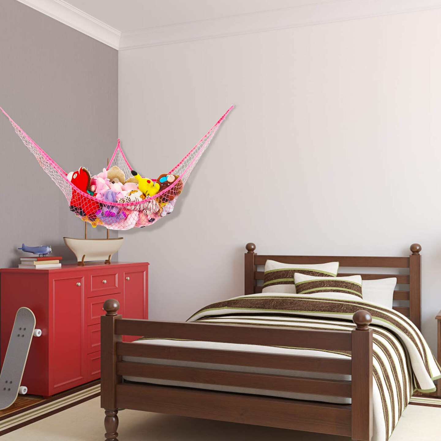 Jumbo Toy Hammock Stuffed Animals and Toy Storage Hammock Net 70" Wall Sling Corner Extra Large Kids Children Mesh Toy Net Organizer Pink