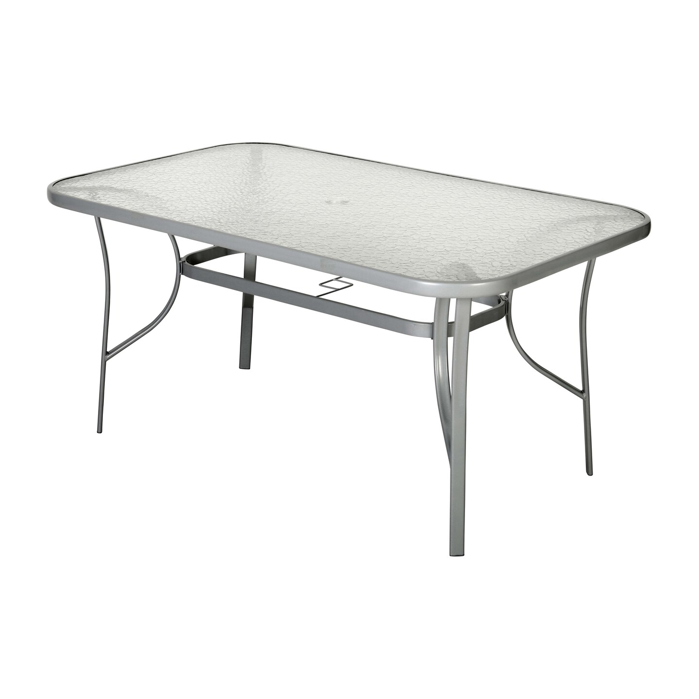Emma and Oliver Tala Rectangular Tempered Glass Top Patio Table with Umbrella Hole and Black Steel Tube Frame