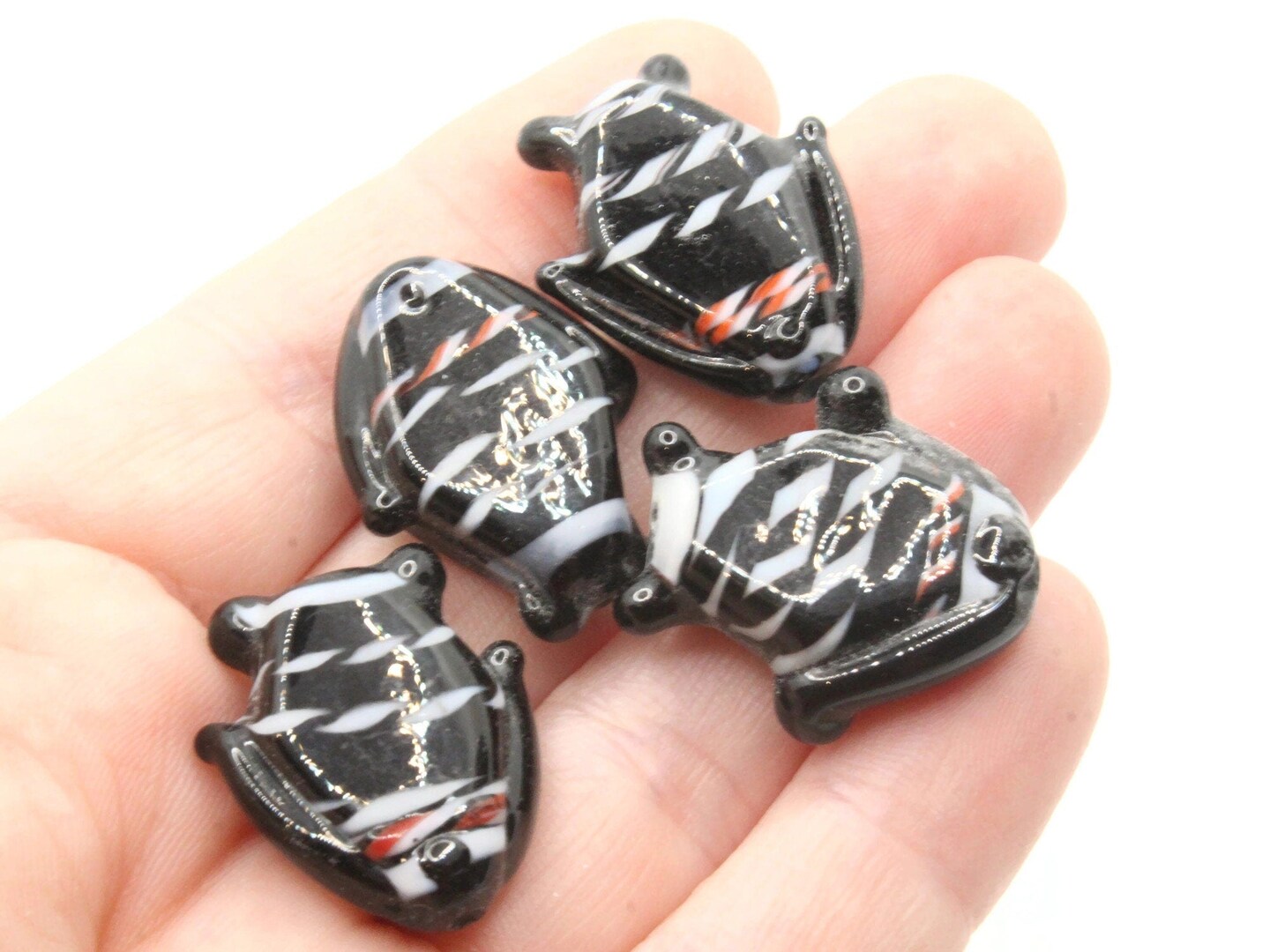 4 Black Striped Lampwork Glass Fish Beads