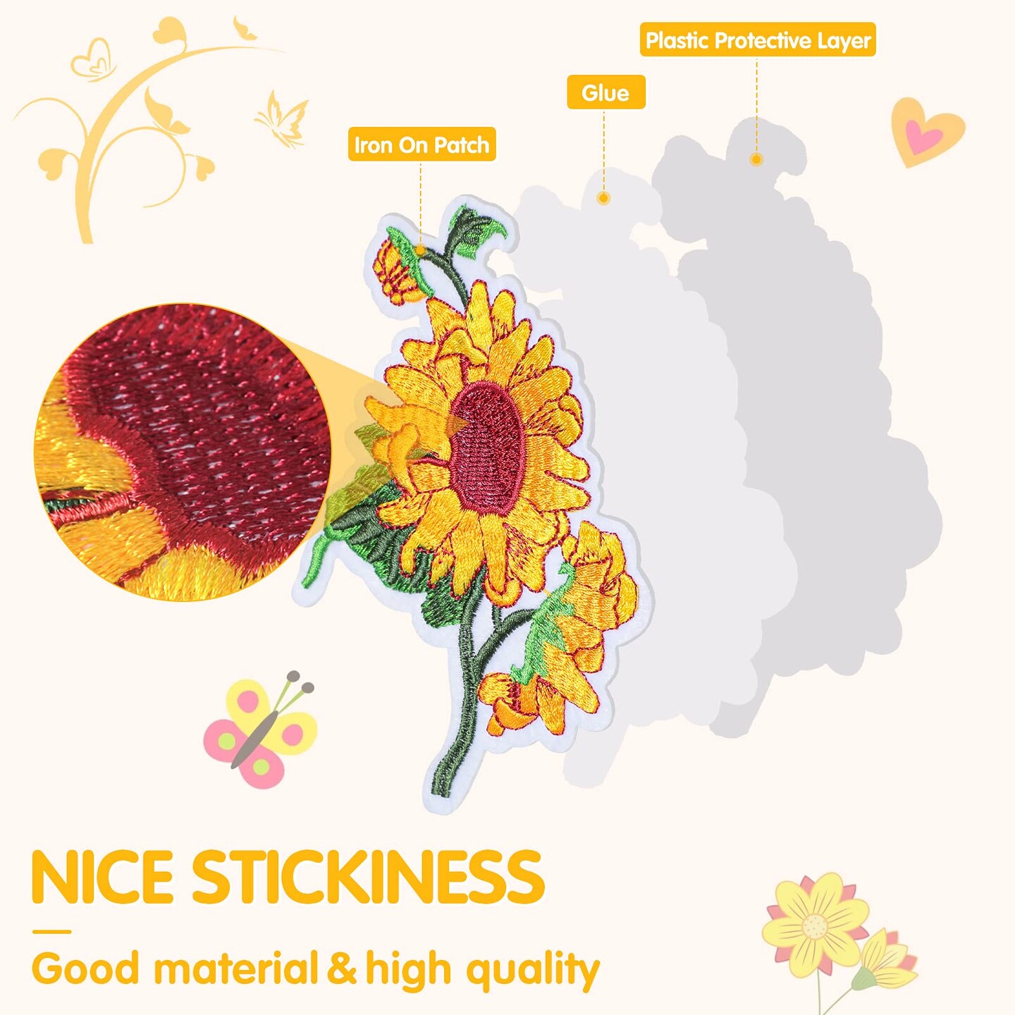 55 PCS Embroidered Flowers Iron on Patches Butterfly Sew on Patch Sunflowers Appliques Patches Bee Embroidered Patches Decoration DIY Craft Patches for Clothes Jackets Jeans Dress Pants Decor