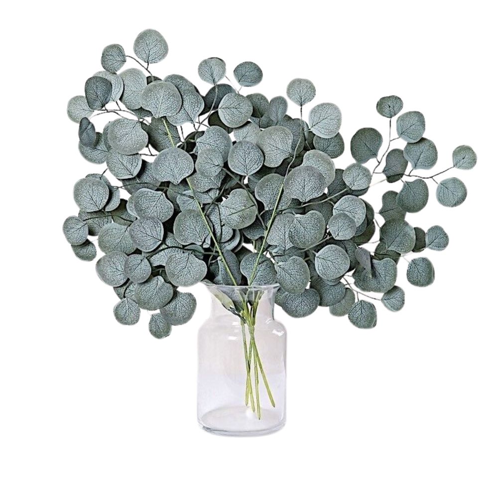 Elegant Frosted Green Eucalyptus Stems: Set of 4, 25-Inch Silk Artificial Leaves