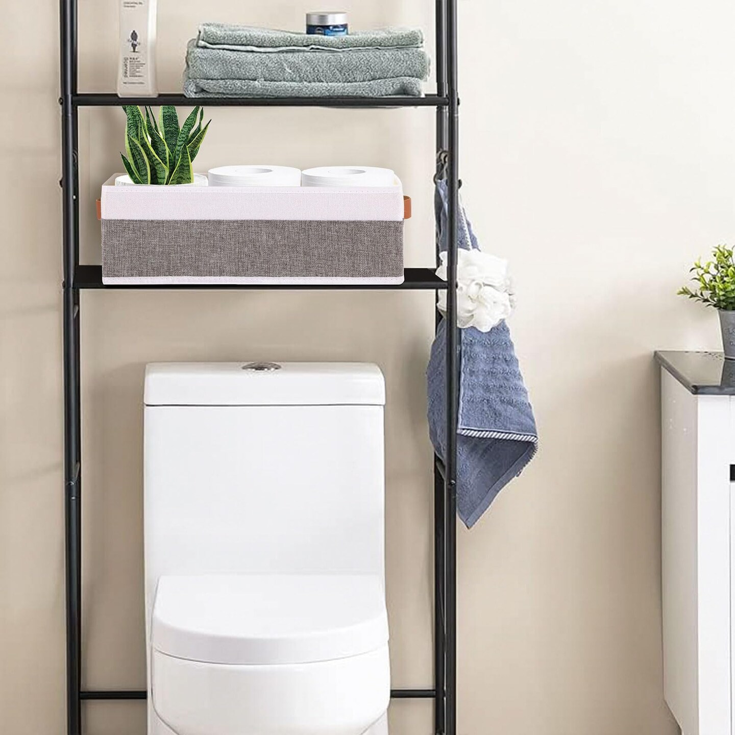 Small Storage Basket 1-Pack,Foldable Open Storage Bins, Storage Boxes with Handles, Fabric Storage Containers (White&Gray,15x6x5in