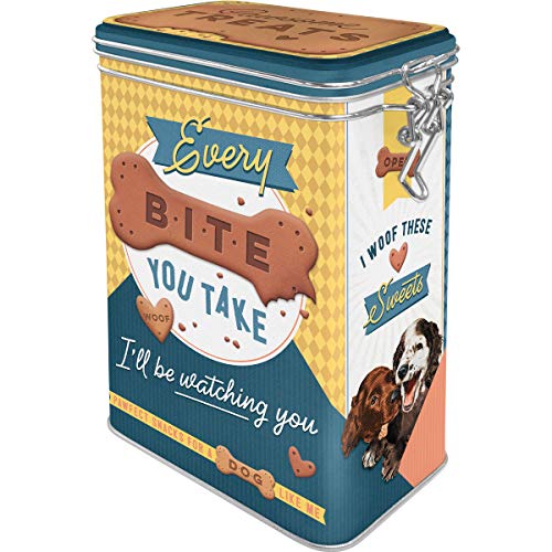 Retro tin box, 44 oz, Every Bite You Take Dog Treats – Gift idea for dog owners, metal clip top can for treats, vintage design
