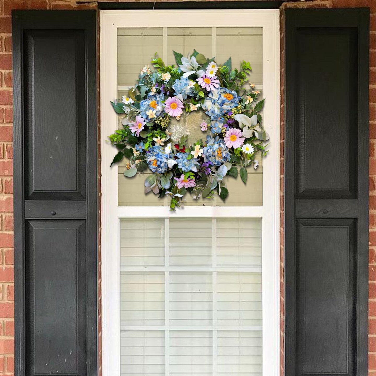 Watercolor Blue Peony and Pink Daisy 22-Inch Spring Wreath
