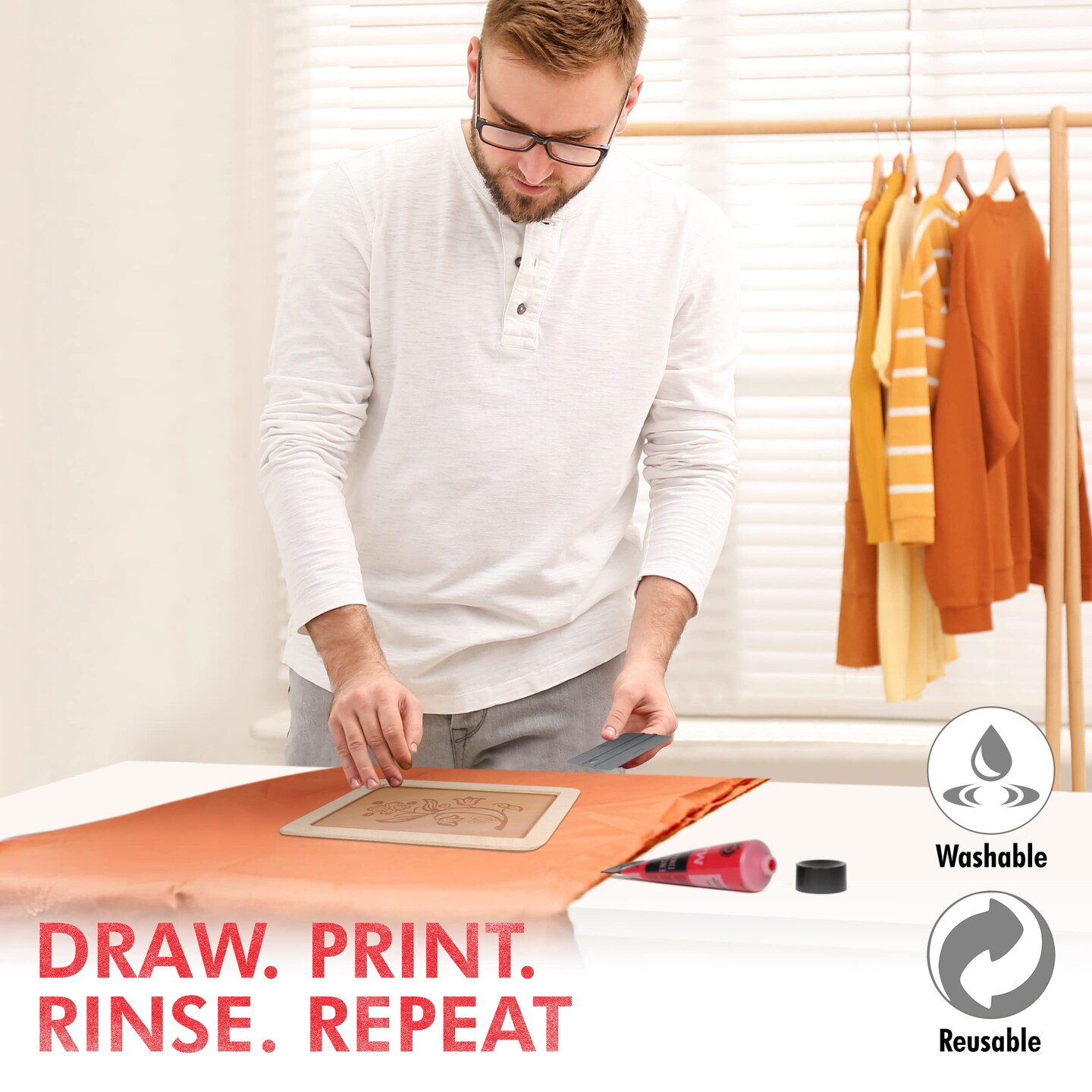 Screen Print Kit with Reusable Wooden Frame, 1 Screen Printing Squeegee, and 3 x 100ml Ink - Silk Screen Printing Kit for Beginners