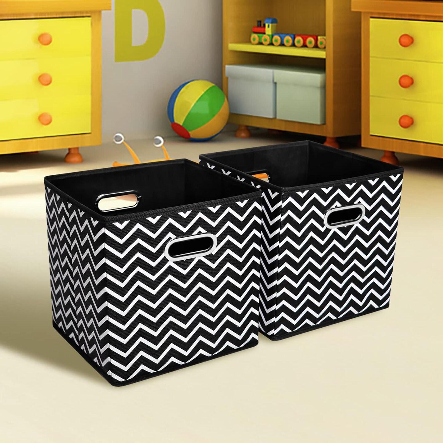 2 Pieces 11 Inch Cube Storage Bins, Fabric Cubes Organizer Baskets with Handle, Foldable Basket for Closet or Collapsible Storage Box, 11x11x11 (Black Wave)